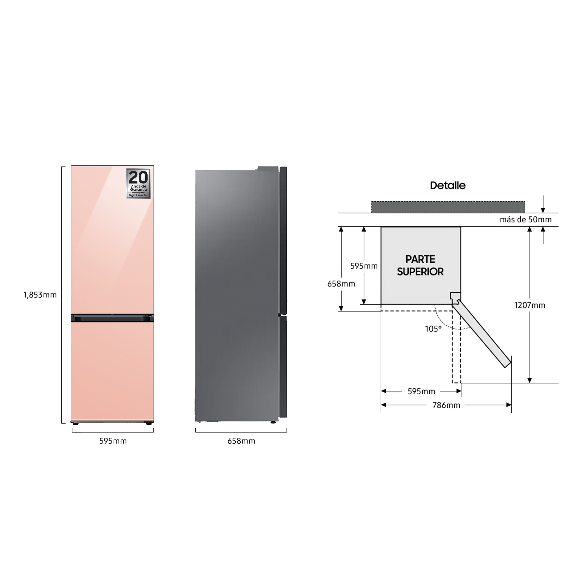 Un refrigerador rosa con dimensiones y detalles técnicos. Se muestran la vista lateral y la vista frontal con etiquetas.
