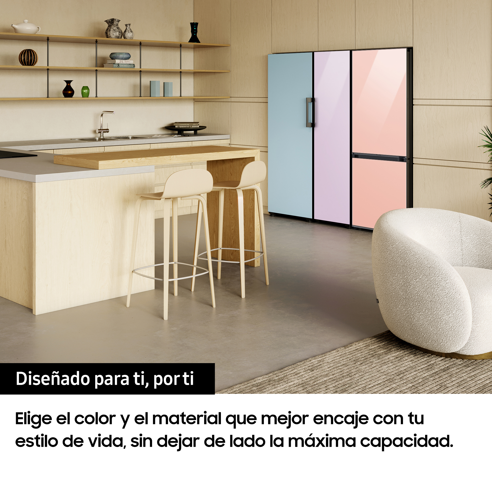 Cocina con nevera pastel, con texto: Diseñado para ti, por ti.