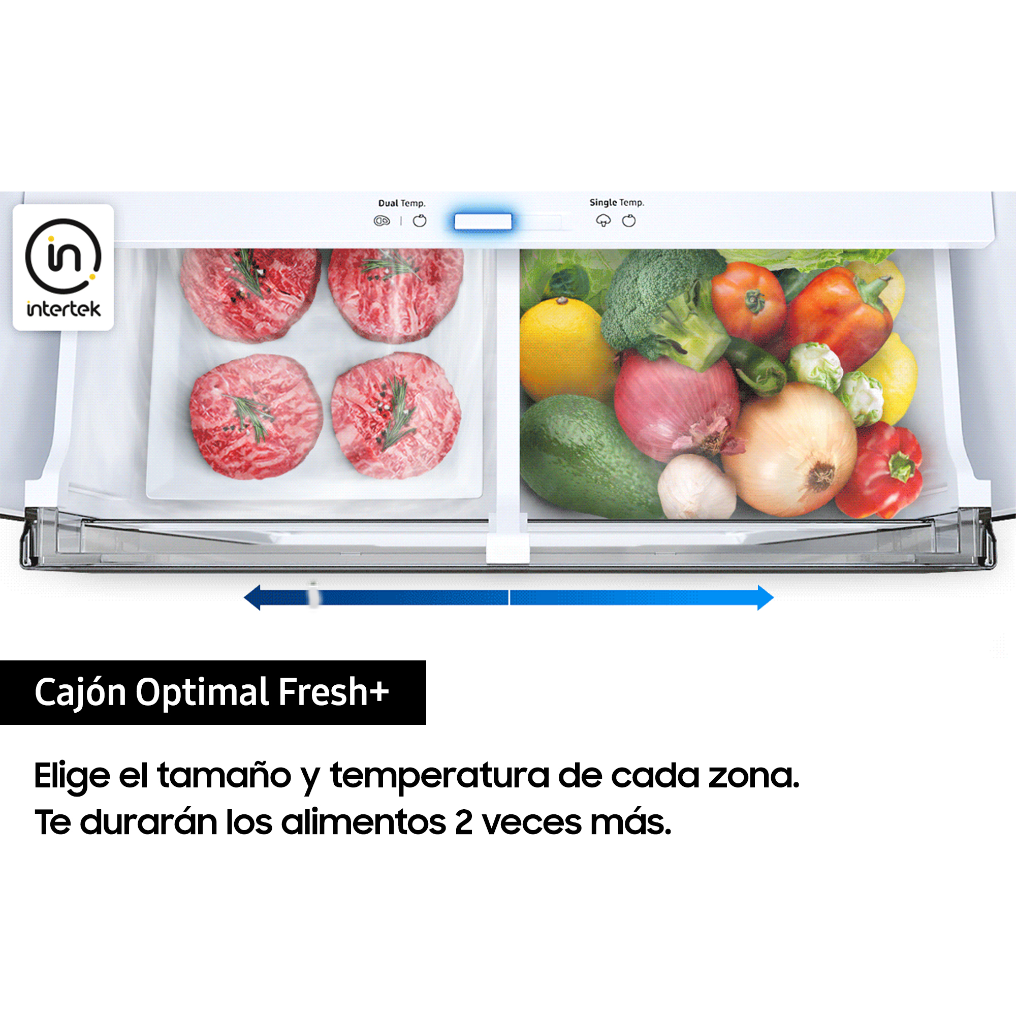 Cajón de refrigerador con comida. Texto: Elige tamaño y temperatura de cada zona. Alimentos duran 2x más.