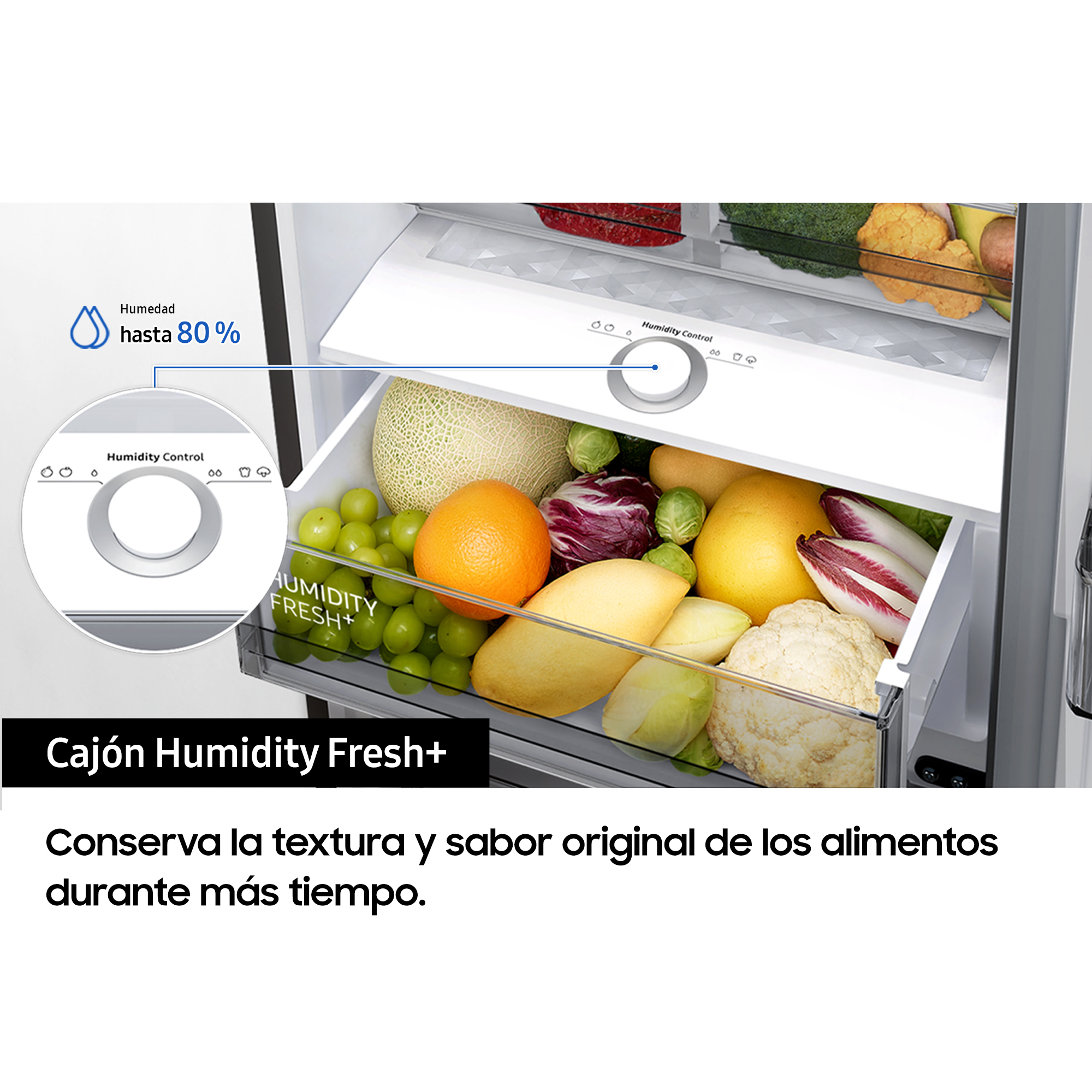 Interior de nevera con cajón 'Humidity Fresh+' lleno de frutas y verduras.