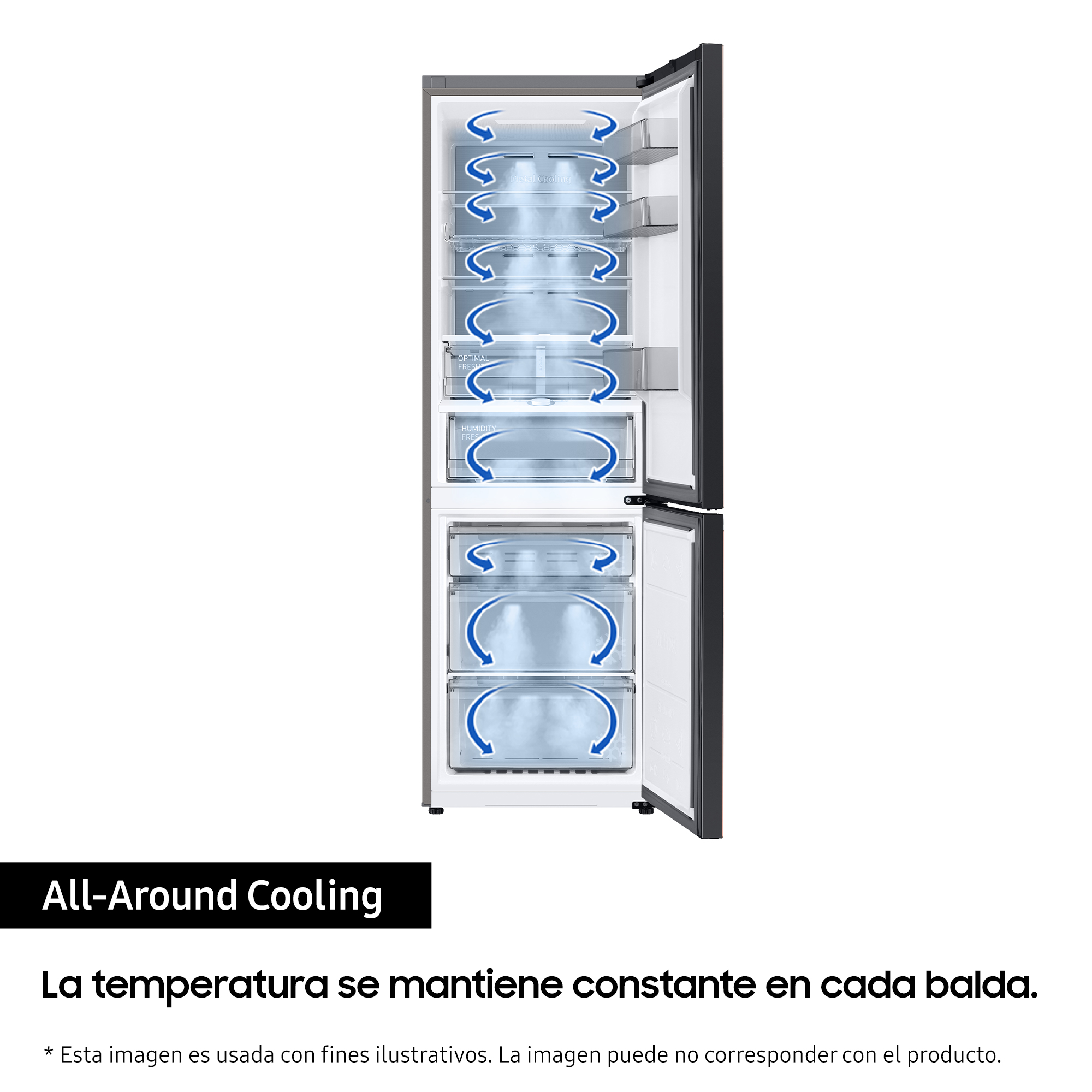 Refrigerador con puertas abiertas mostrando estantes y cajones con aire azul circulante.