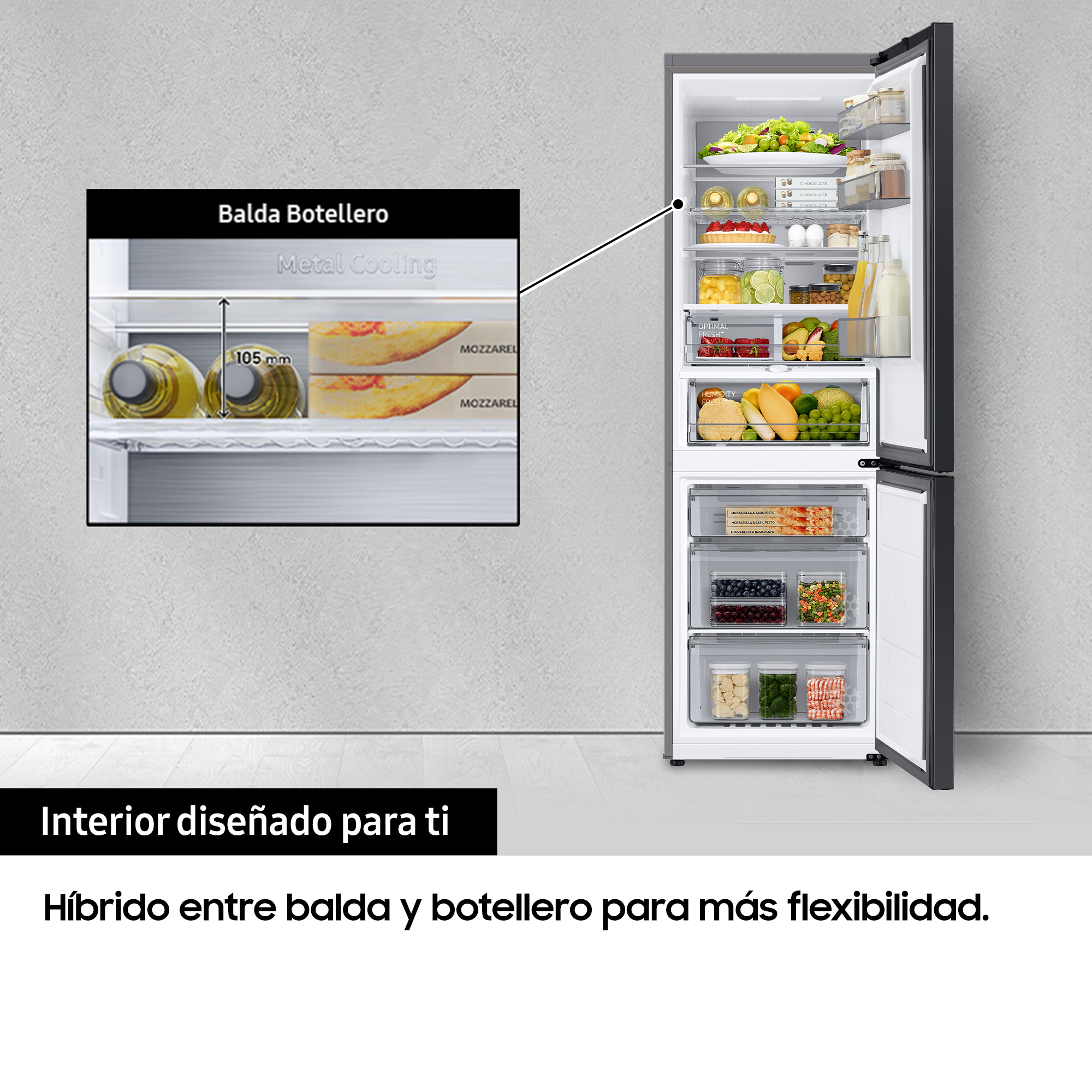 Un refrigerador con una vista detallada del interior, destacando el almacenamiento.