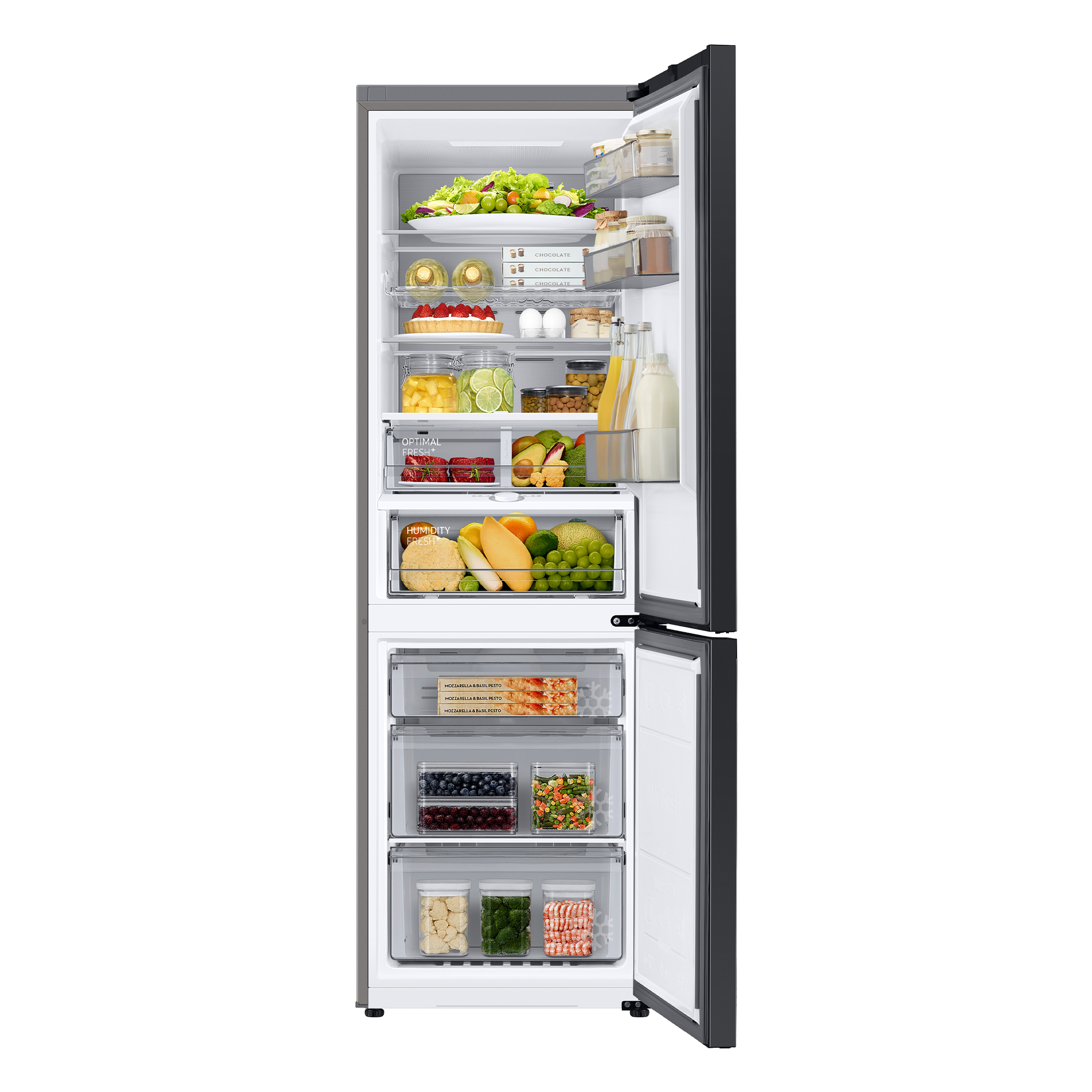 Un refrigerador con la puerta abierta, mostrando varios alimentos.