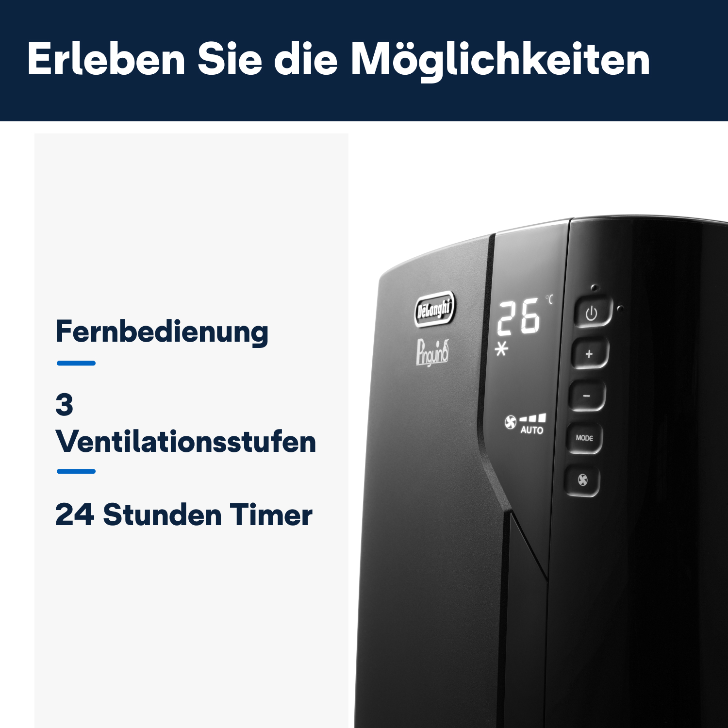 Schwarzer Luftkühler mit Bedienfeld und Text auf Deutsch: Fernbedienung, 3 Ventilationsstufen, 24 Stunden Timer.