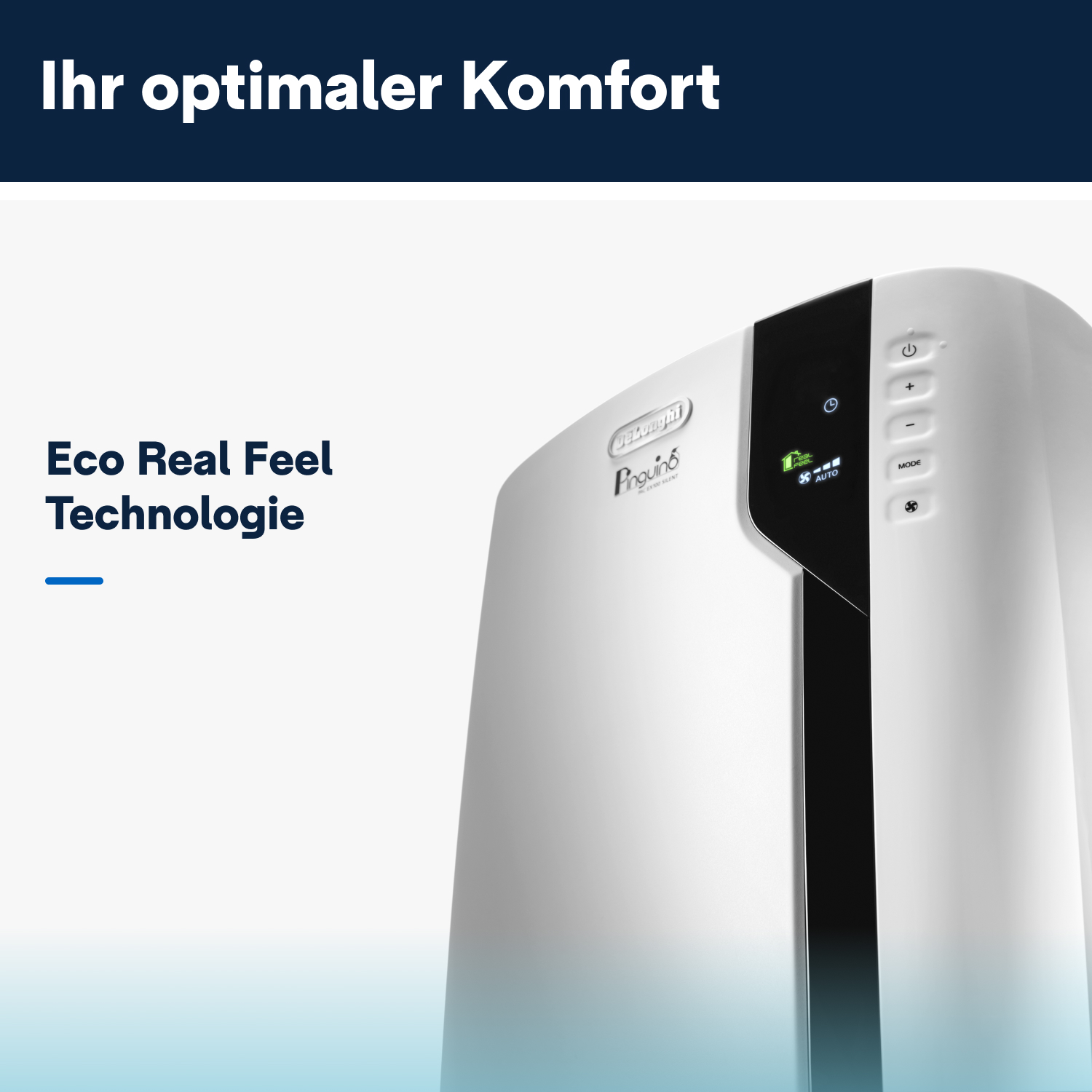 Ein weißer und silberner Luftreiniger mit digitaler Anzeige und Text auf Deutsch, vor blauem Farbverlauf.