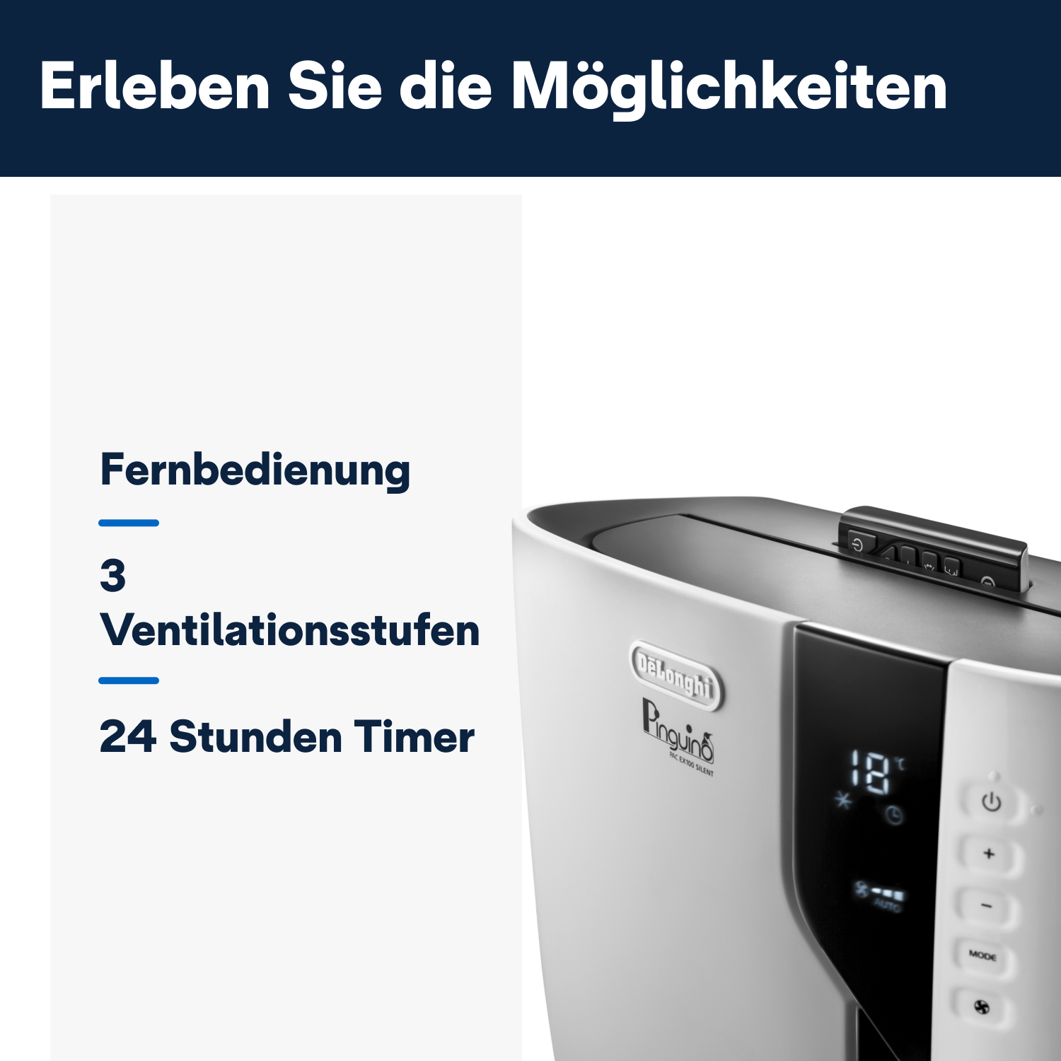 Weißes Klimagerät mit Bedienfeld und Text. Text sagt: Fernbedienung, 3 Lüfterstufen, 24h Timer.