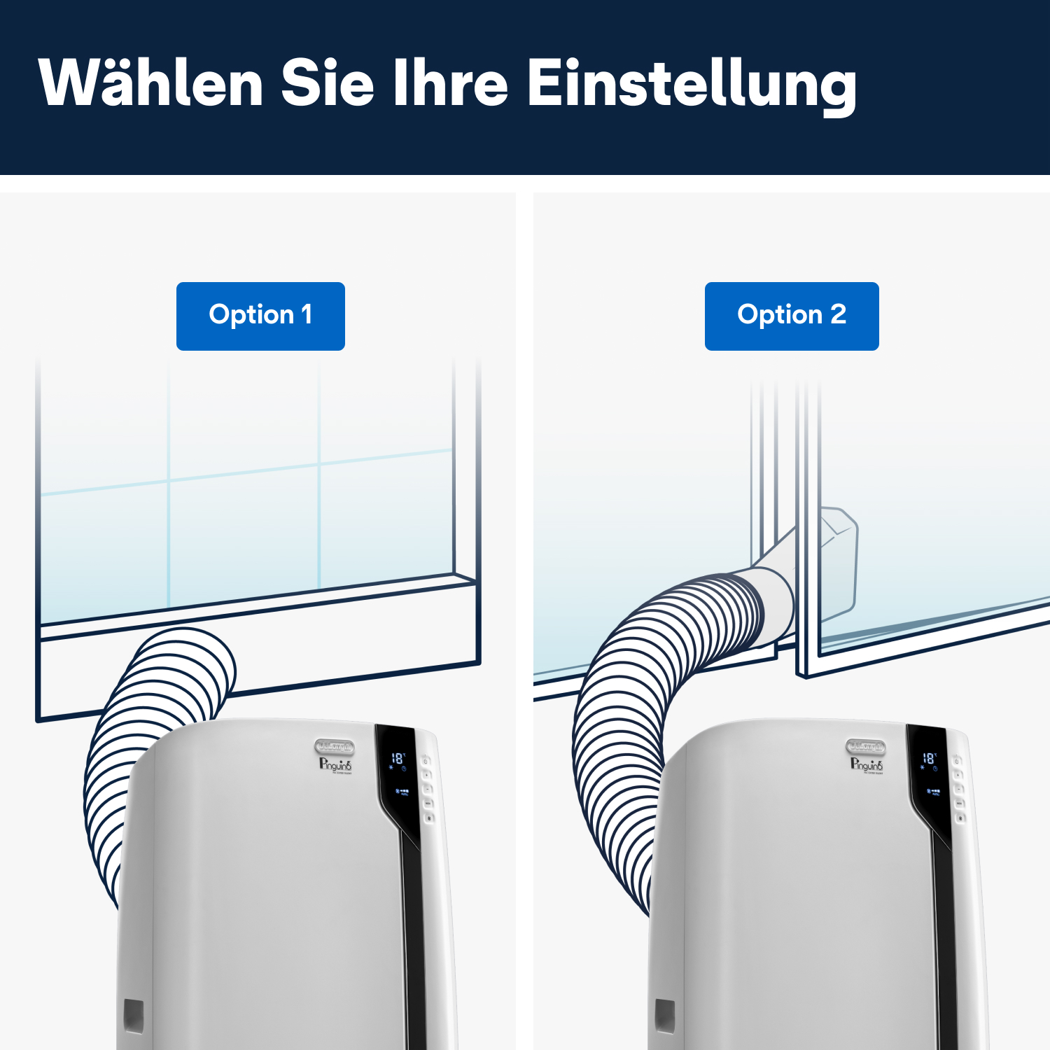 Zwei Diagramme, die Klimaanlagen-Setup-Optionen zeigen, mit dem Schlauch, der mit dem Fenster verbunden ist.