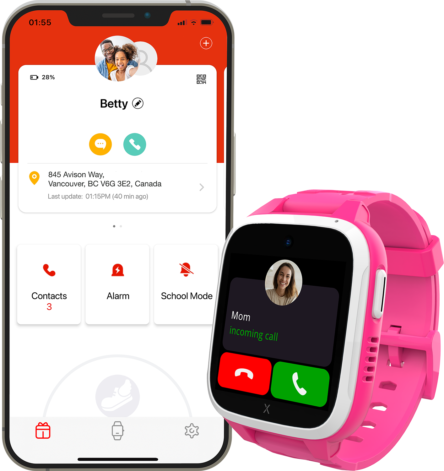 Okosóra és telefon, amely egy hívási felületet mutat Betty kapcsolattal.