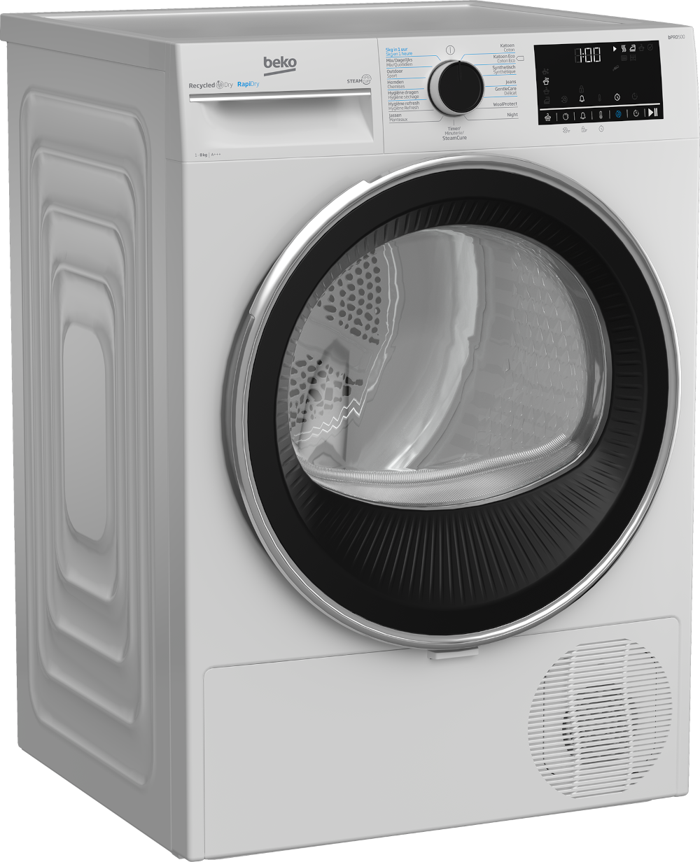 Un sèche-linge Beko blanc avec une bordure noire. Il possède un écran numérique et des boutons de commande.