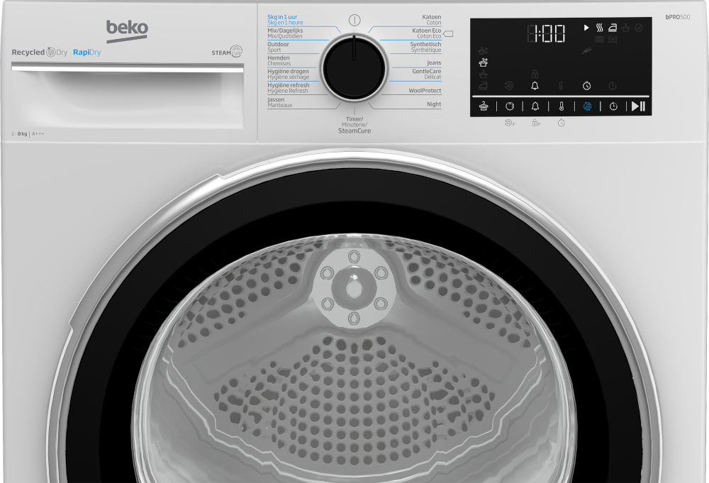 Gros plan sur le panneau de commande d'un sèche-linge Beko blanc avec divers réglages et un écran.