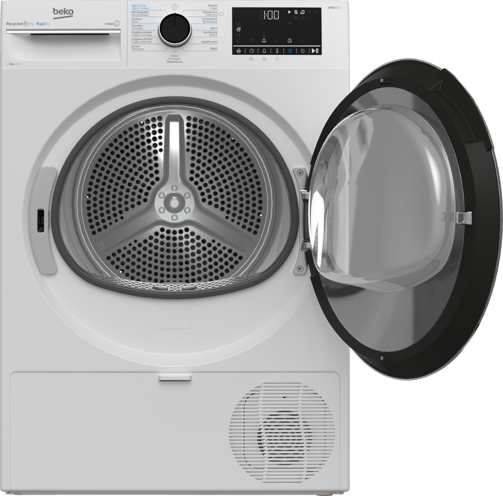 Un sèche-linge Beko blanc avec la porte ouverte. Le tambour intérieur est visible.