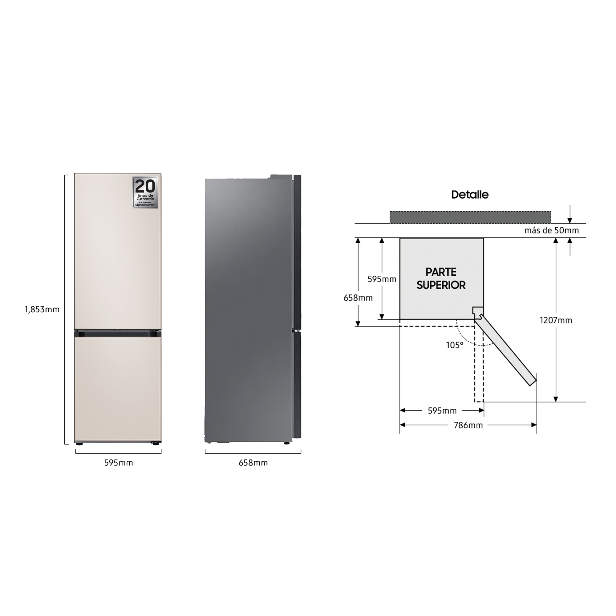 Un refrigerador beige con dimensiones, vista lateral y diagrama de detalle.