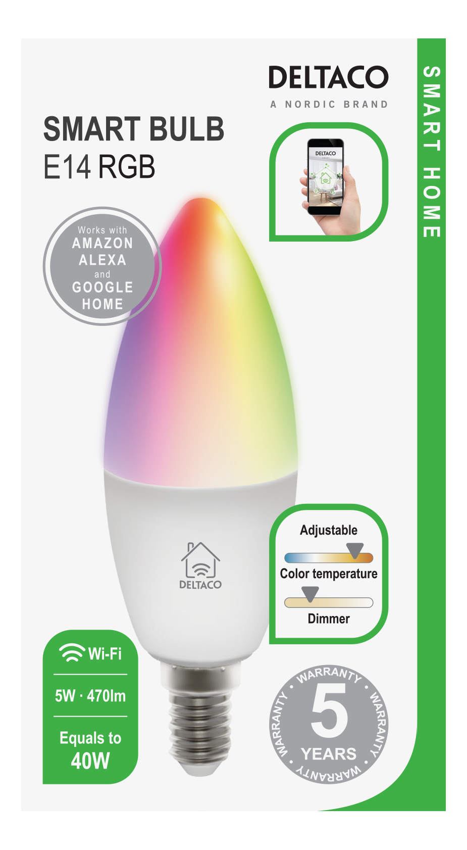 Intelligente Glühbirne mit Farbverläufen, Text 'Smart Bulb E14 RGB' und Produktdetails.