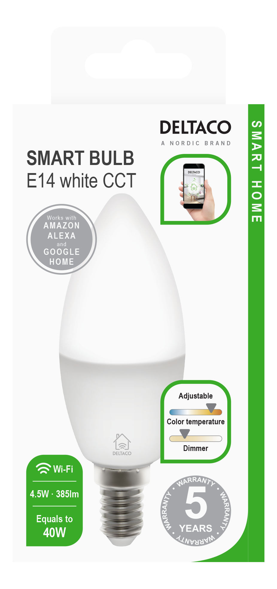 Smart-Glühbirnen-Verpackung. Weiße Glühbirne auf dem Display. Enthält Wi-Fi, 4,5 W, 385 lm und funktioniert mit Alexa und Google Home.