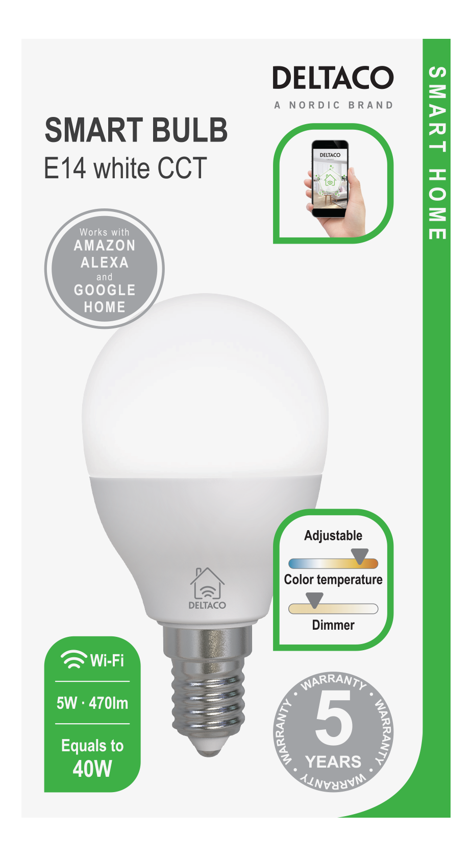 Verpackung für intelligente Glühbirne. Zeigt Glühbirne, Funktionen und Branding, mit Smartphone im Hintergrund.