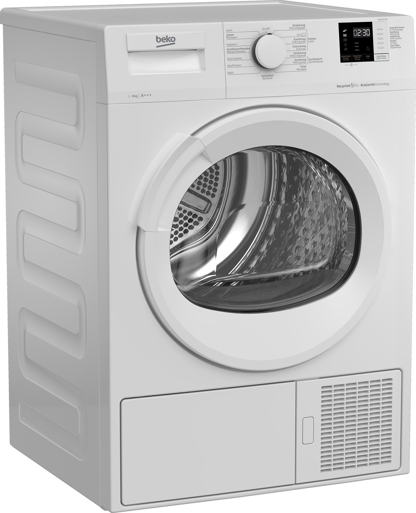 Een witte Beko-droger wordt vanuit een hoek getoond, met de deur en het bedieningspaneel.