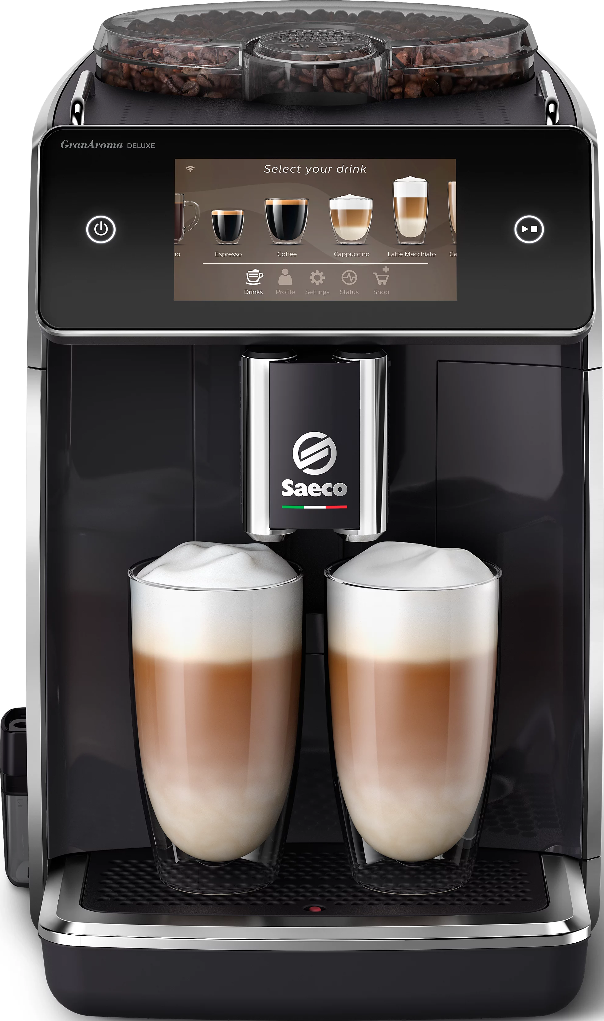 Una macchina da caffè Saeco GranAroma Deluxe che prepara due latte. Il display mostra le opzioni di bevande.