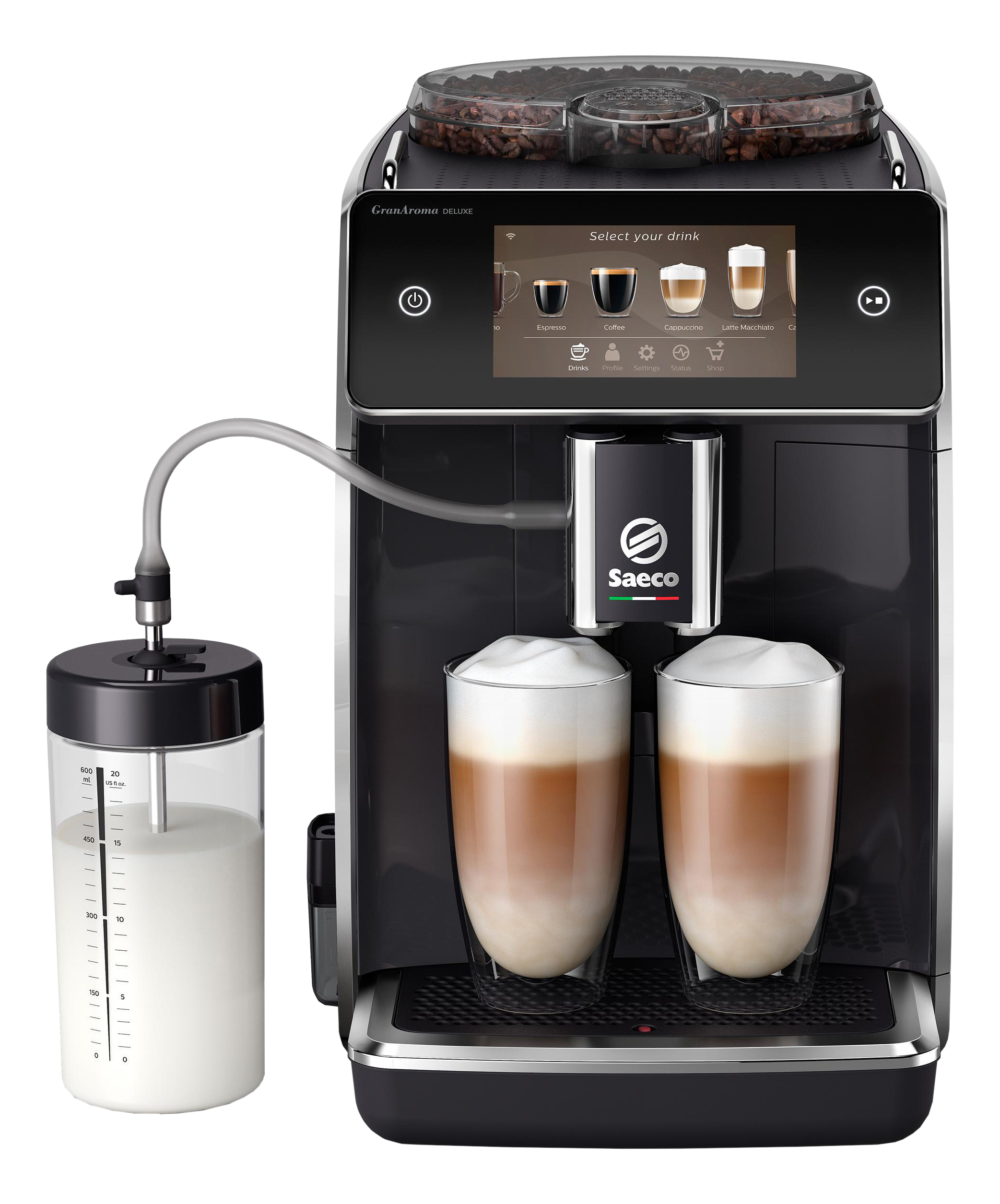 Macchina per espresso Saeco GranAroma Deluxe nera. Due bicchieri di latte macchiato.