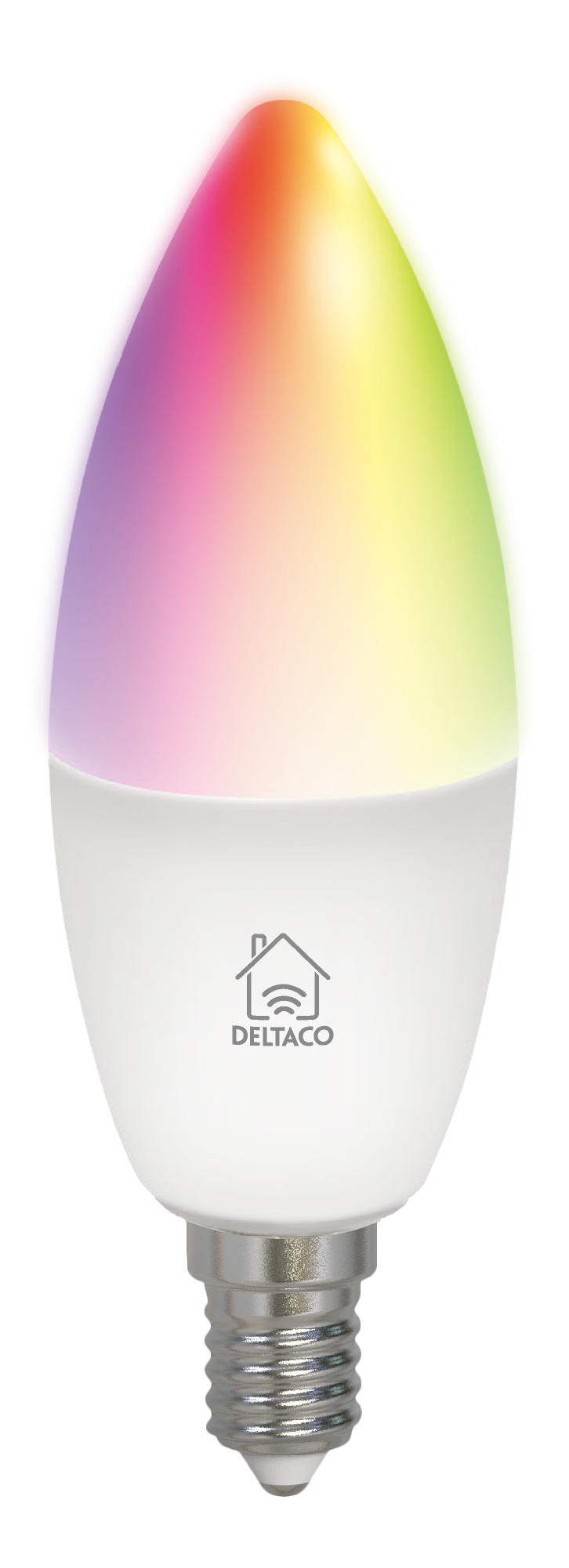 Eine farbige LED-Glühbirne mit Regenbogenfarben oben und weißer Basis.