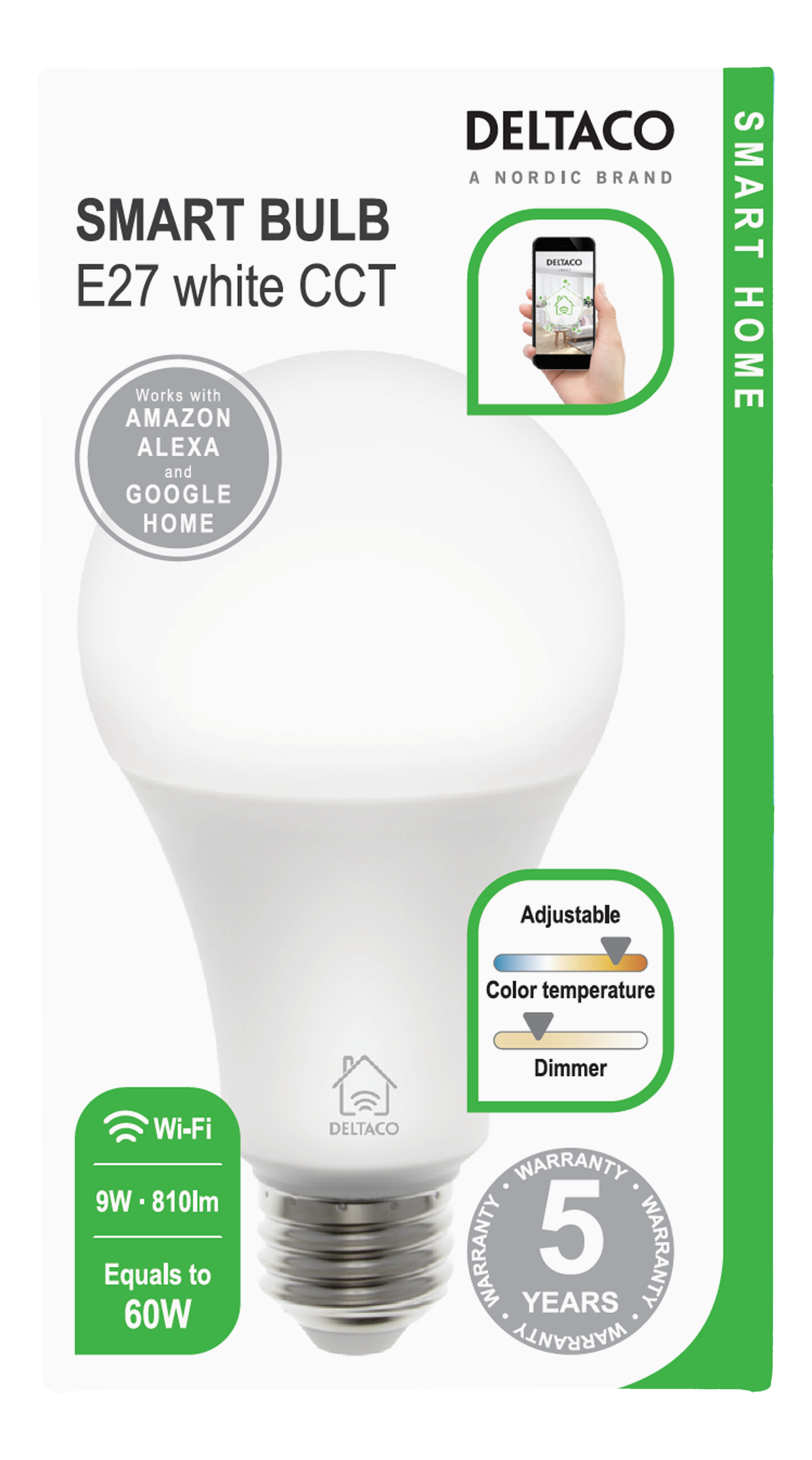 Eine weiße Smart-Glühbirne mit einstellbarer Farbtemperatur und Dimmoptionen.