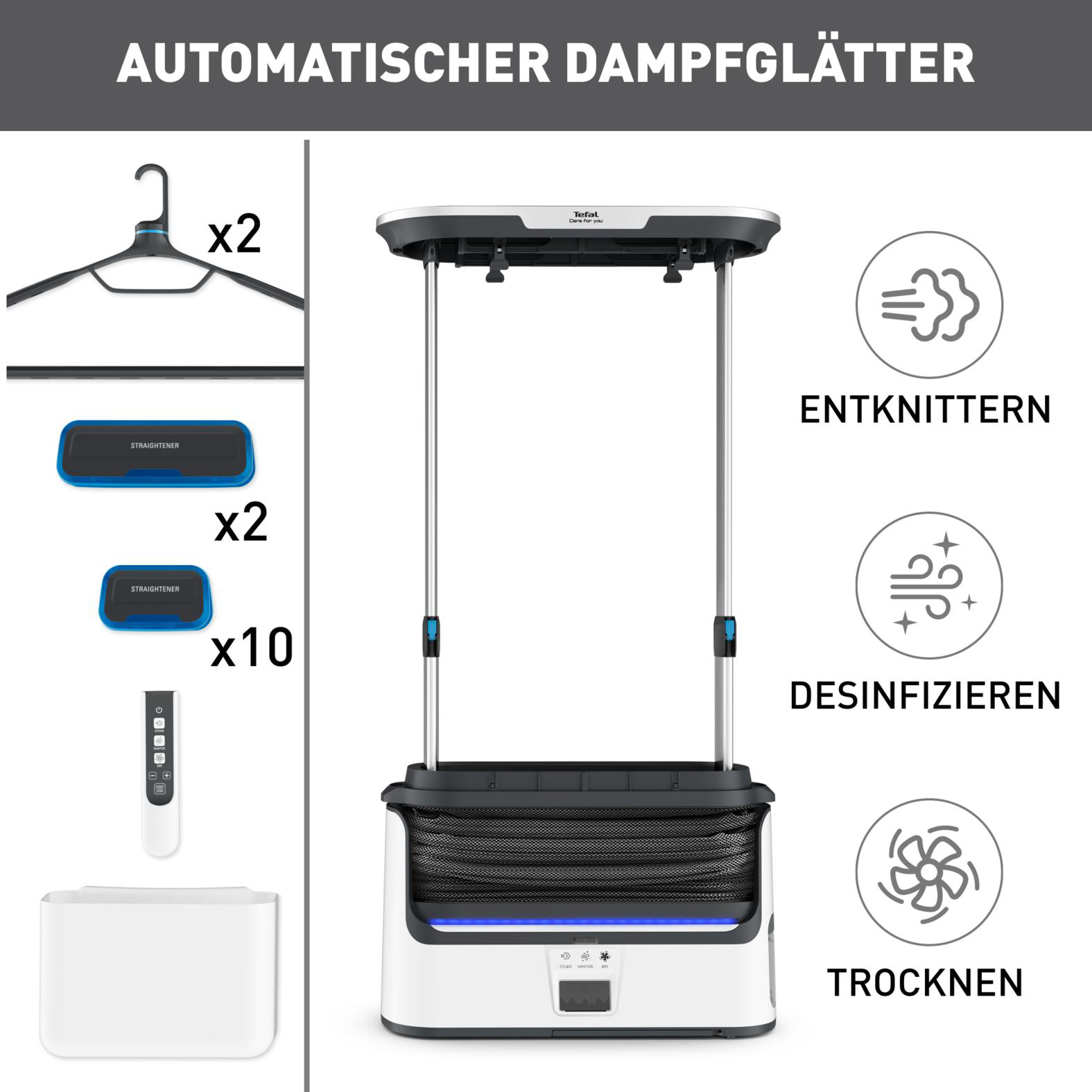 Ein weiß-schwarzer Kleidungsdampfer mit Zubehör. Text: Automatischer Dampfglätter, Entknittern, Desinfizieren, Trocknen.