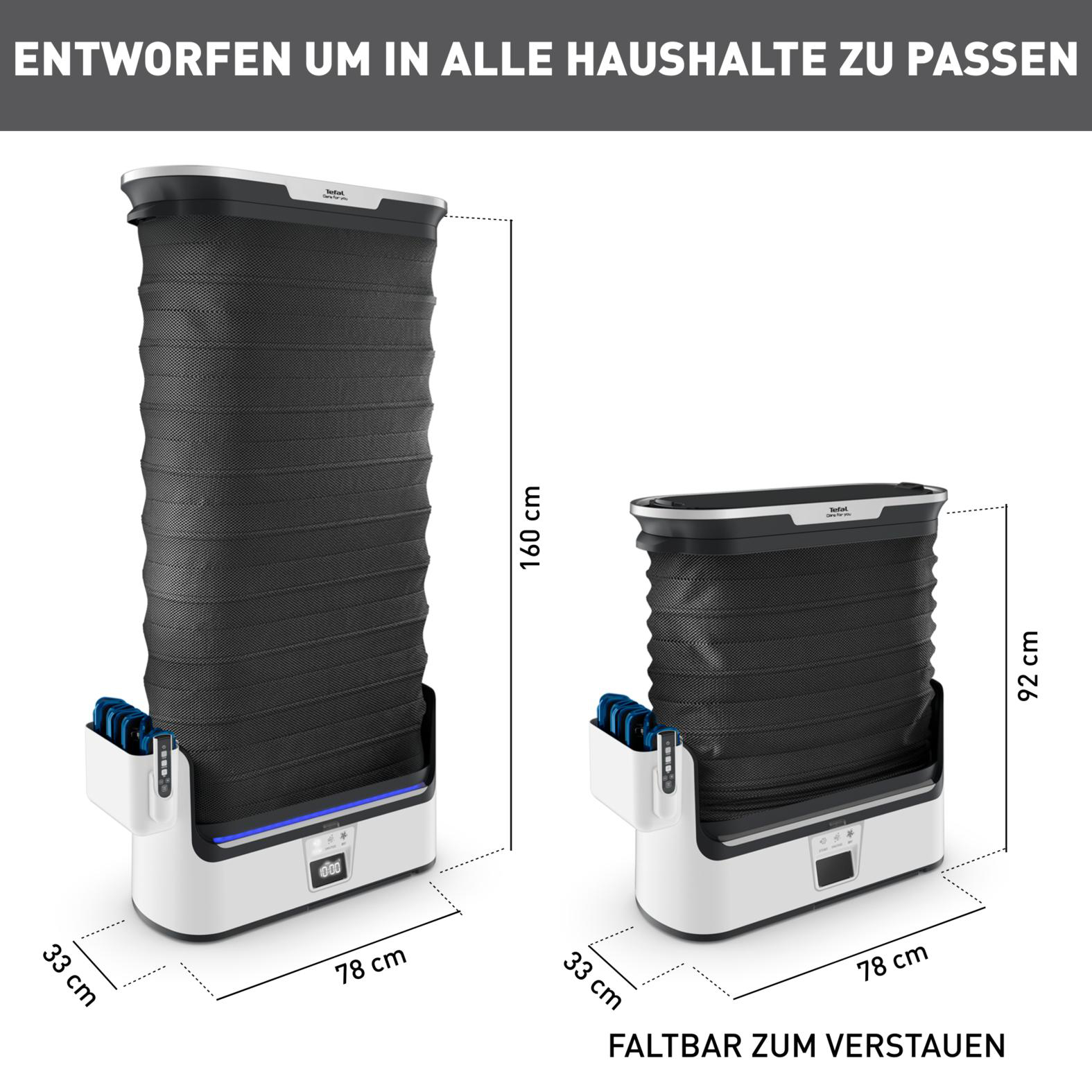 Weiß-schwarzer, faltbarer Wäscheständer, zwei Größen. Maße und Textbezeichnungen sind gezeigt.