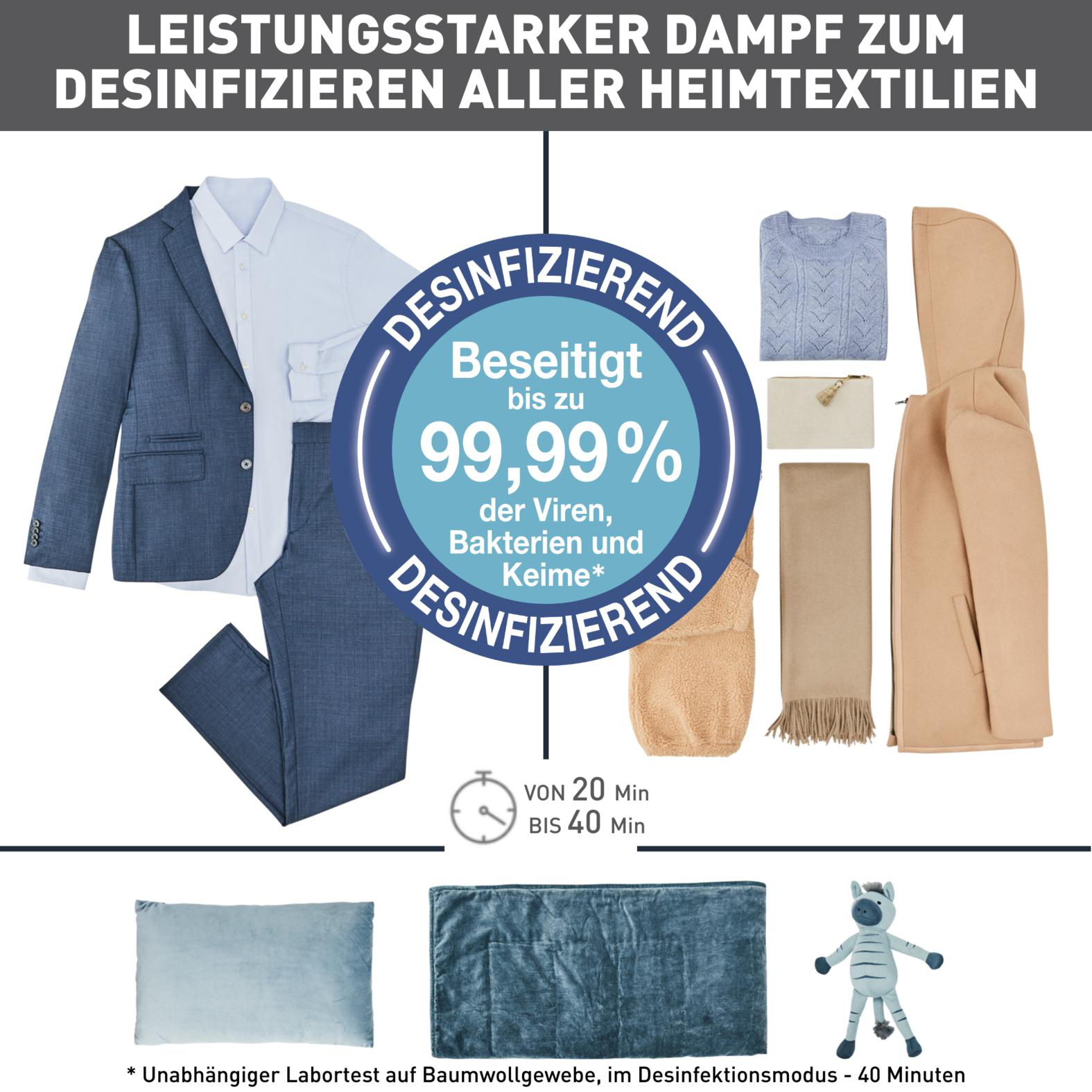 Werbung zeigt Desinfektion von Kleidung, die 99,99 % der Viren und Keime entfernt.