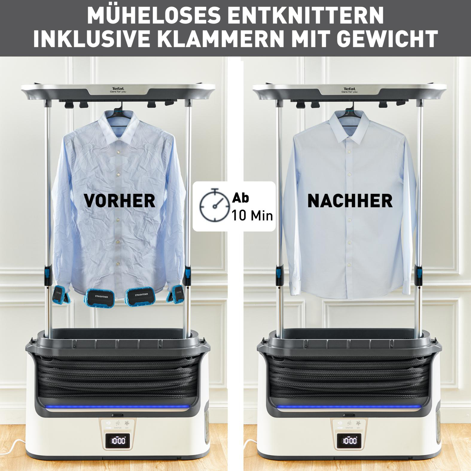 Vorher-Nachher-Bild eines Hemdes, das von einem Tefal-Gerät mit Klammern gedämpft wird.