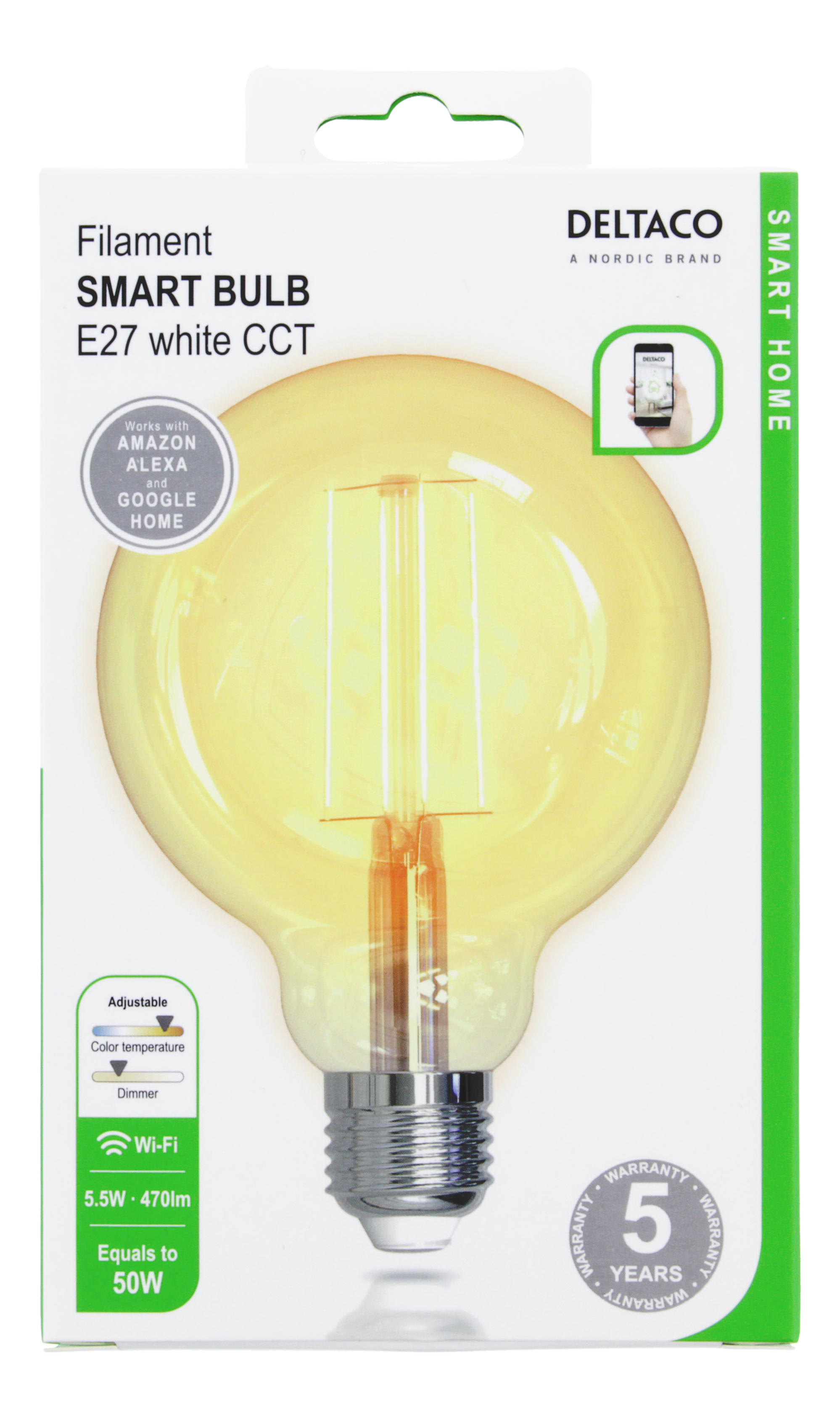 Smart Bulb Verpackung, zeigt Glühbirne, Funktionen und QR-Code.