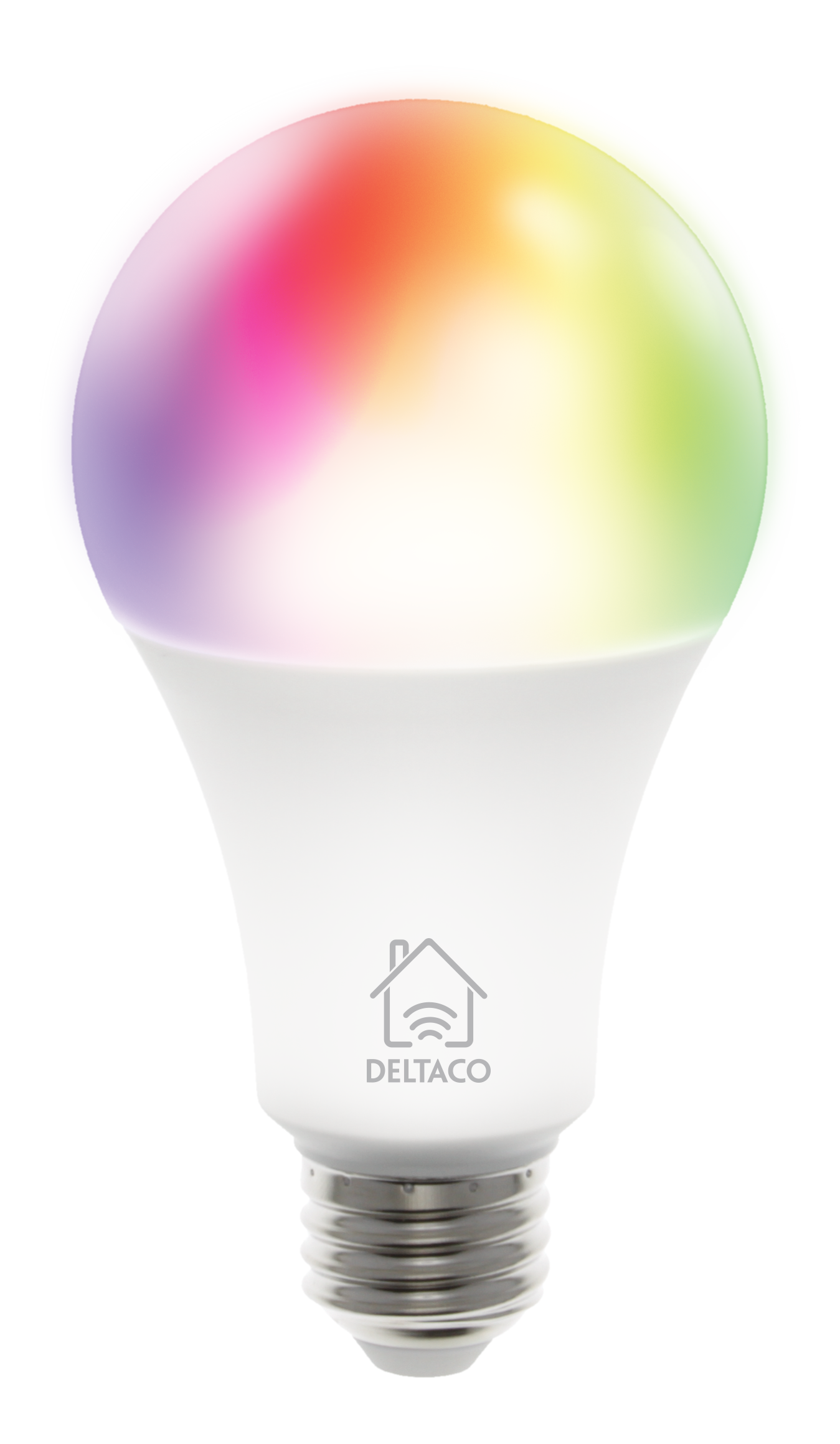 Eine intelligente Glühbirne mit einem regenbogenfarbenen Oberteil und dem Deltaco-Logo.