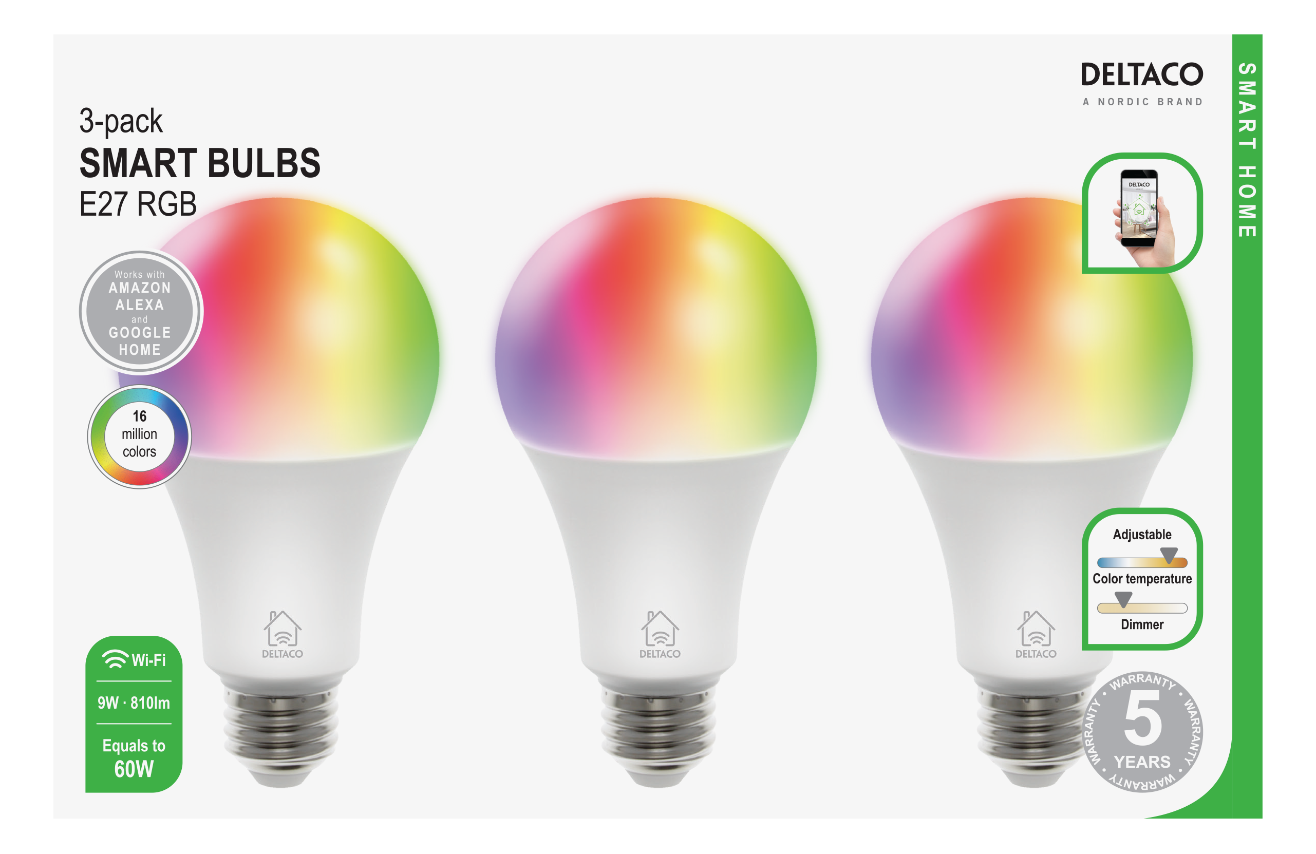Drei intelligente Glühbirnen mit buntem Licht und Text über Smart-Home-Funktionen.