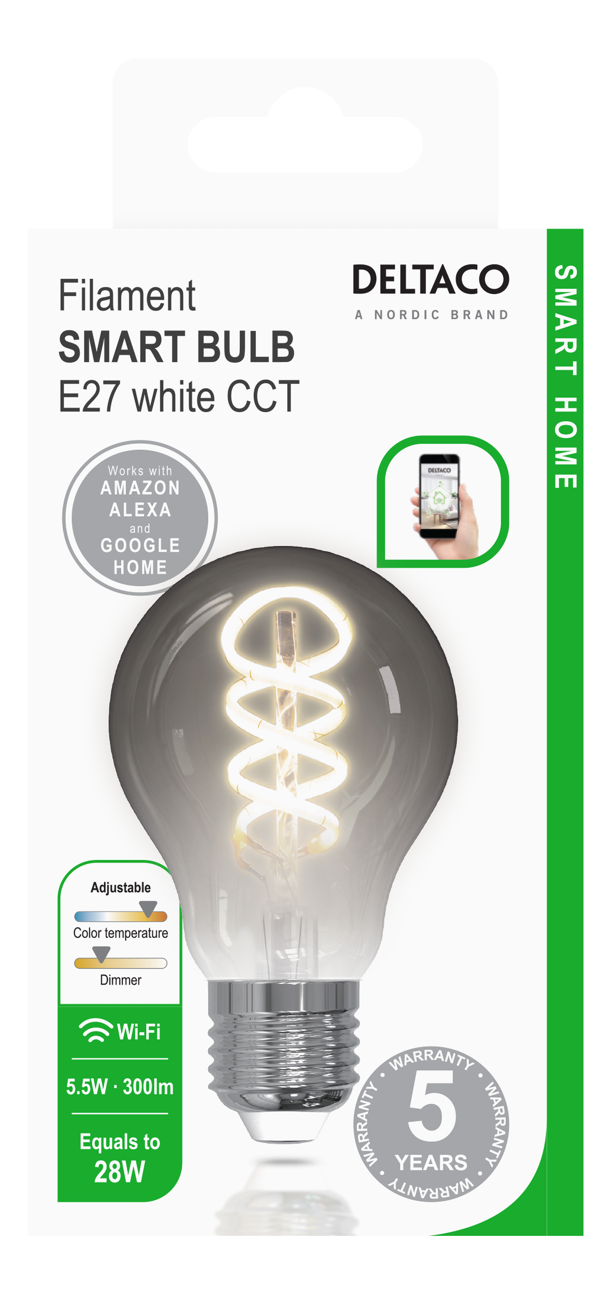 Verpackung einer intelligenten Glühbirne mit Wendel und Smart-Home-Symbol.