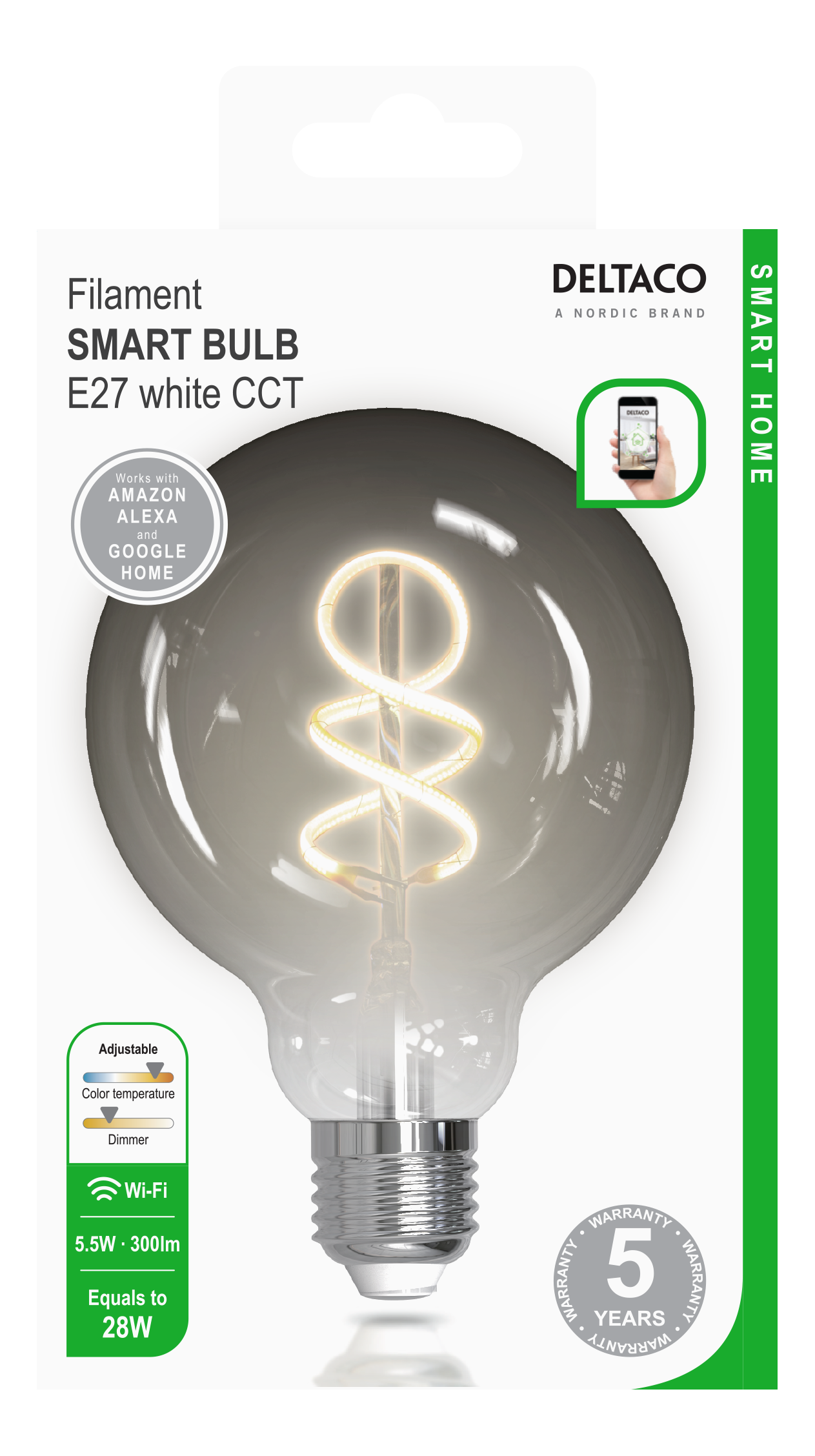 Eine intelligente Glühbirne mit leuchtendem Filament. Die Verpackung enthält Branding, Spezifikationen und das Label 'Smart Home'.