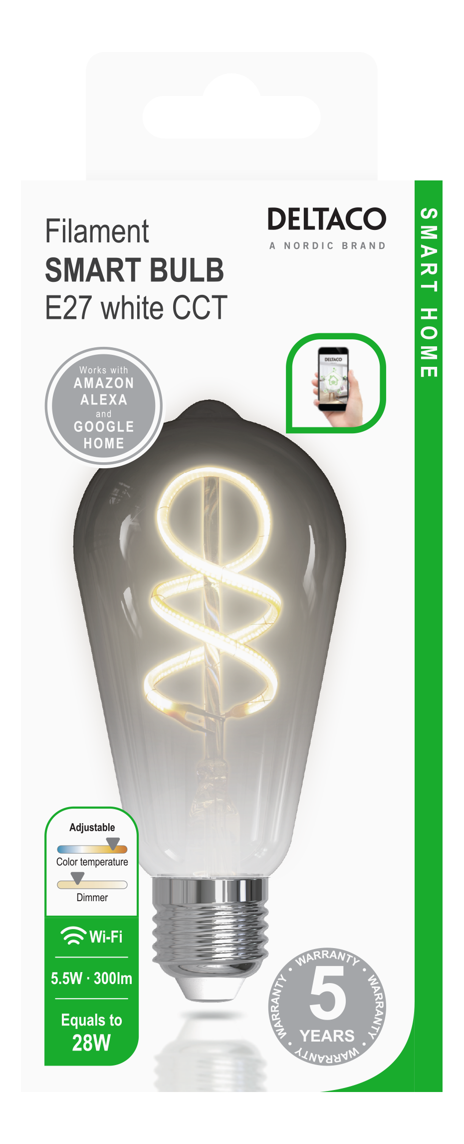 Smart-Glühbirnen-Verpackung. Es ist eine Filament-Smart-Glühbirne mit E27-Sockel.