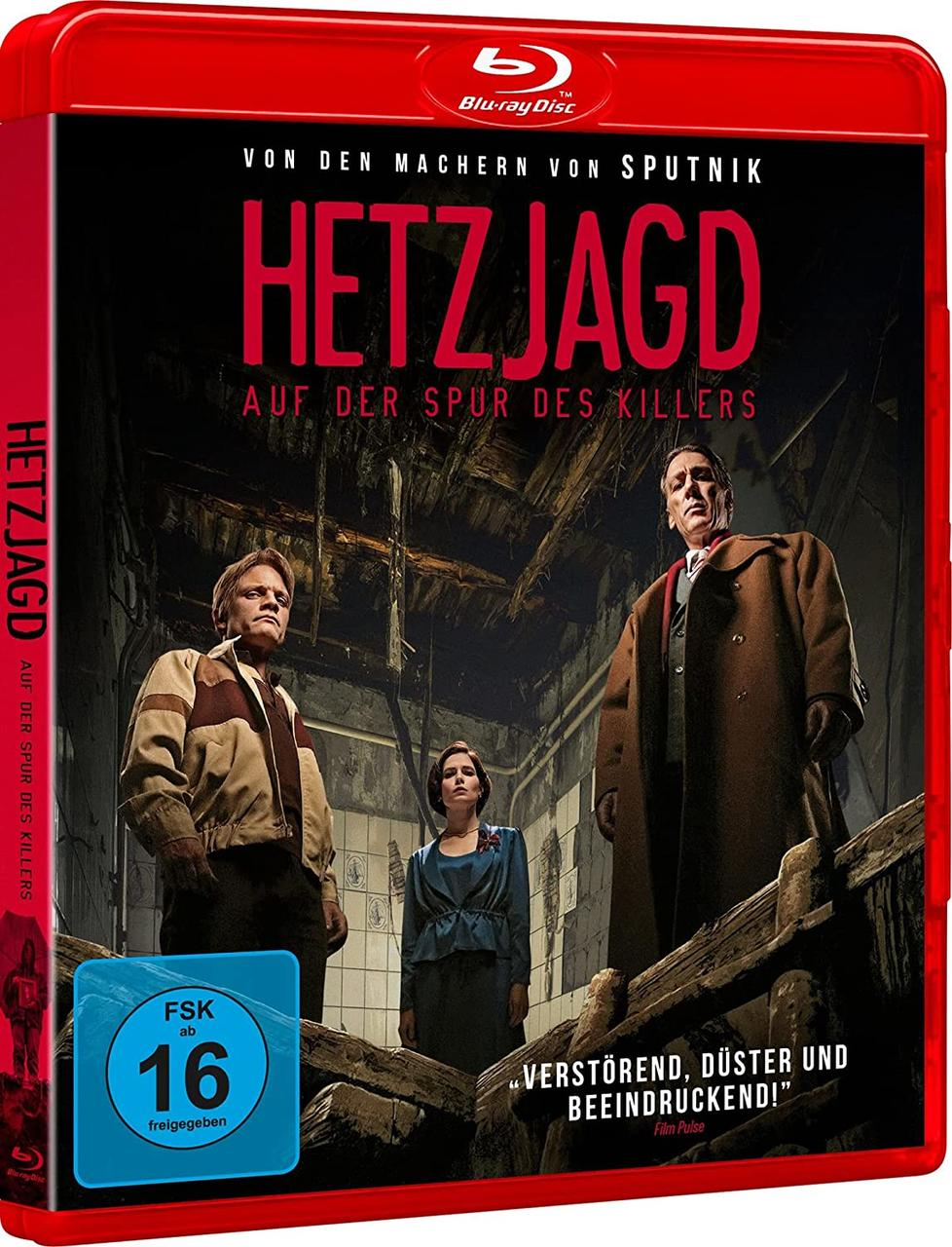 Blu-ray-Cover mit drei Personen in dunkler Umgebung. Titel: HETZJAGD. Text: Auf der Spur des Killers. Rote, schwarze und blaue Farben.