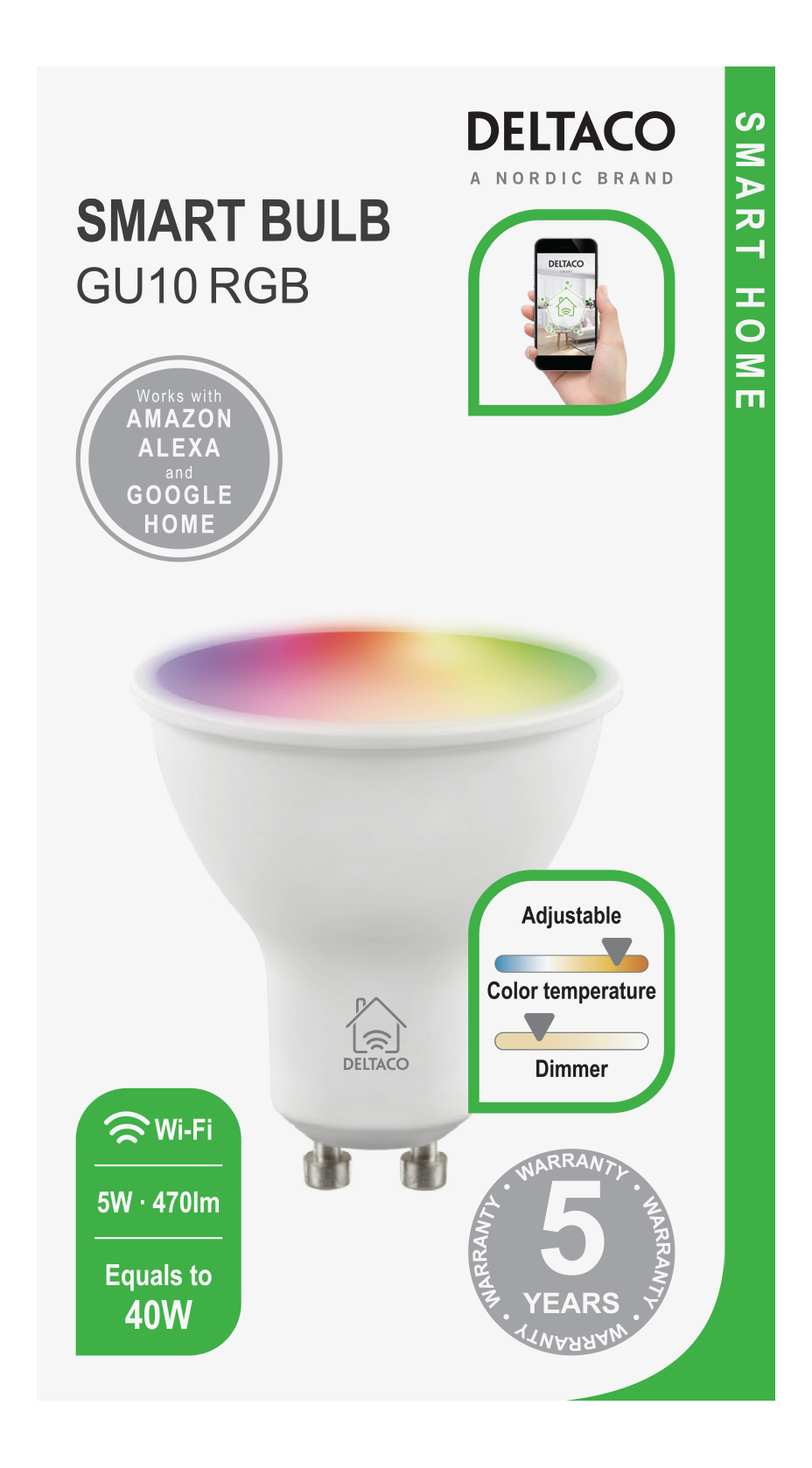 Intelligente Glühbirne mit Farbtemperatur- und Dimmeroptionen. Verpackung enthält Amazon Alexa und Google Home Logos.