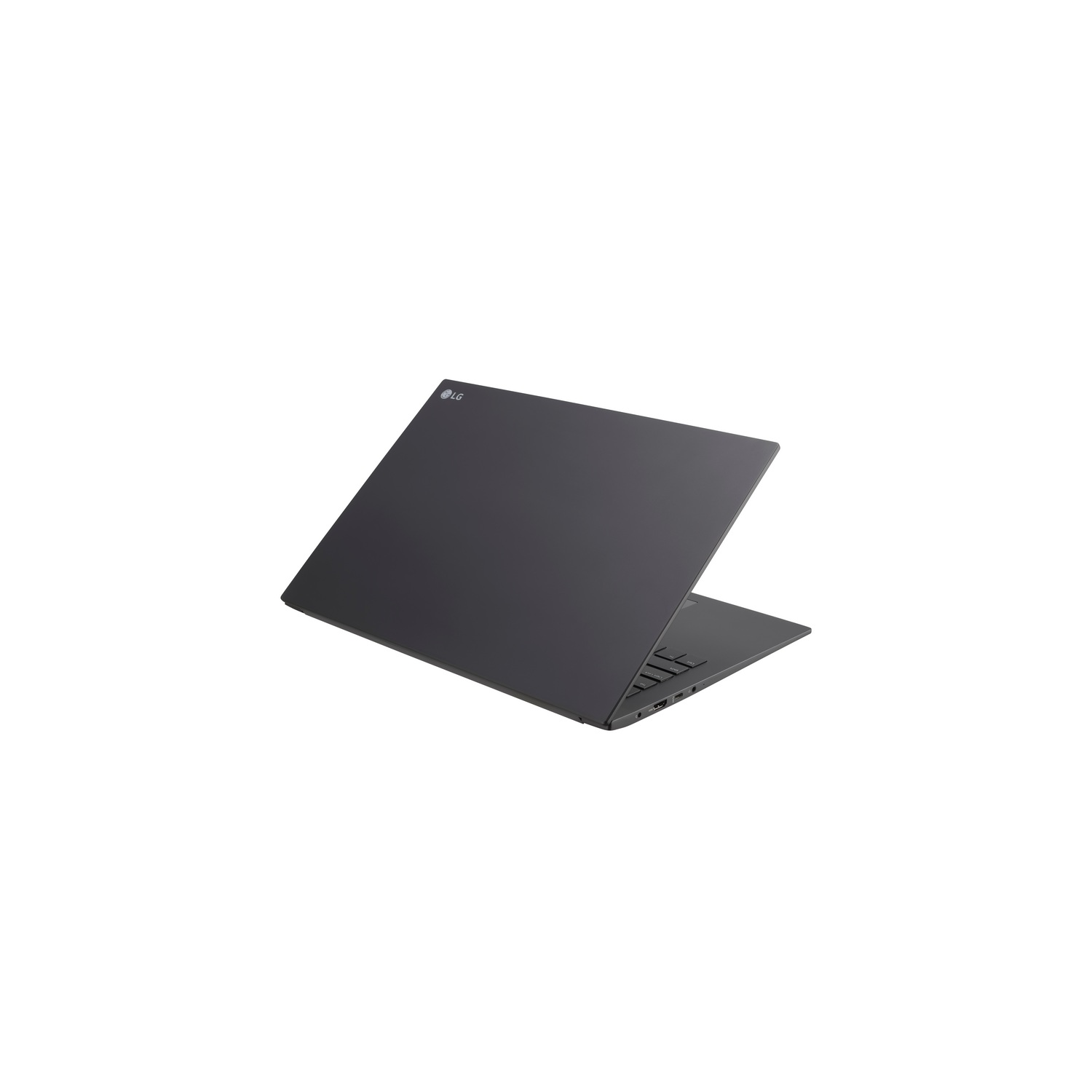 Portátil LG gris oscuro abierto sobre fondo blanco, inclinado a la derecha.