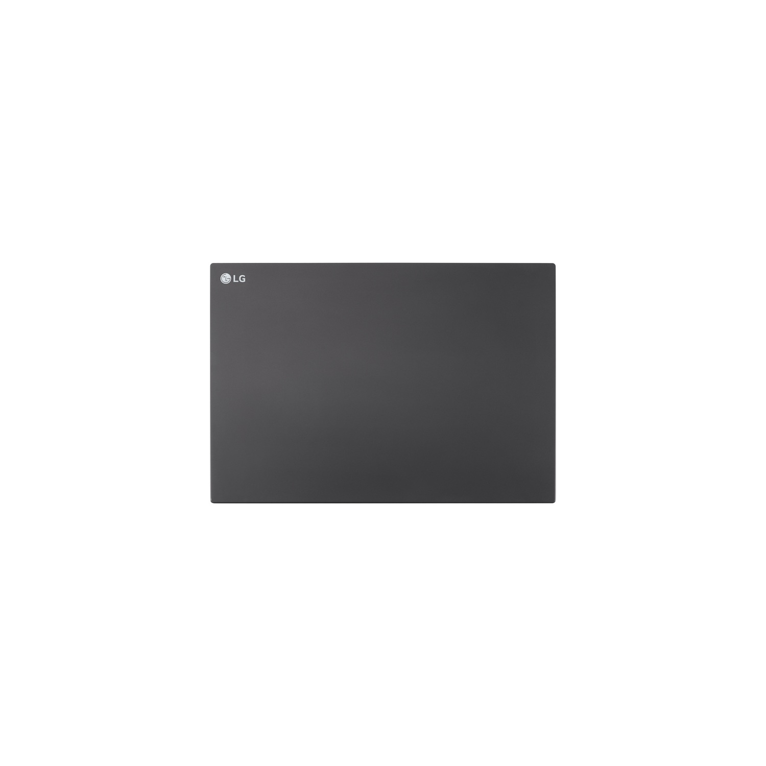 Un ordenador portátil gris oscuro sobre un fondo blanco. El logotipo de LG está en la esquina superior izquierda de la pantalla.