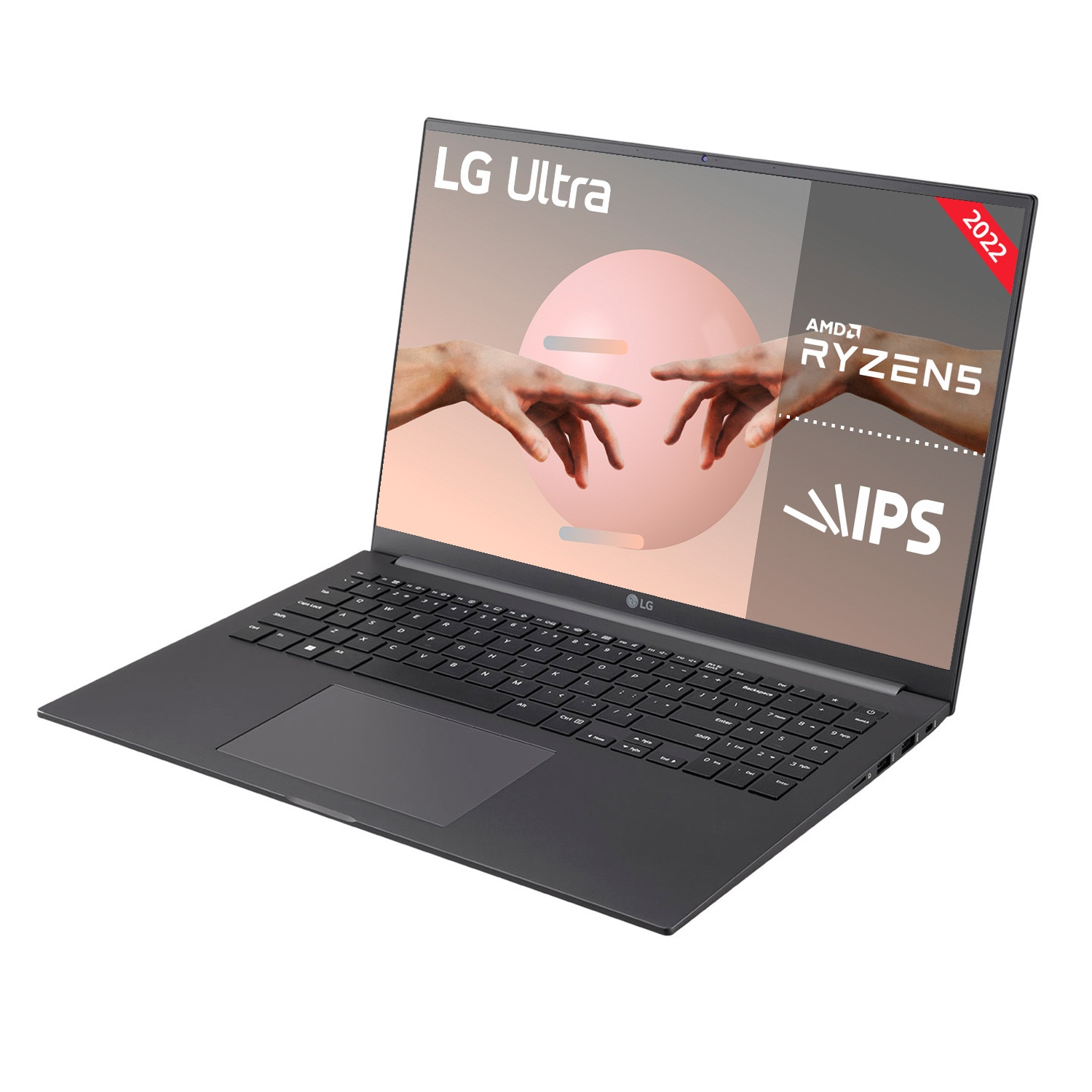 Una laptop LG Ultra gris oscuro está abierta. La pantalla muestra dos manos casi tocándose, AMD Ryzen e IPS. El año 2022 es visible.