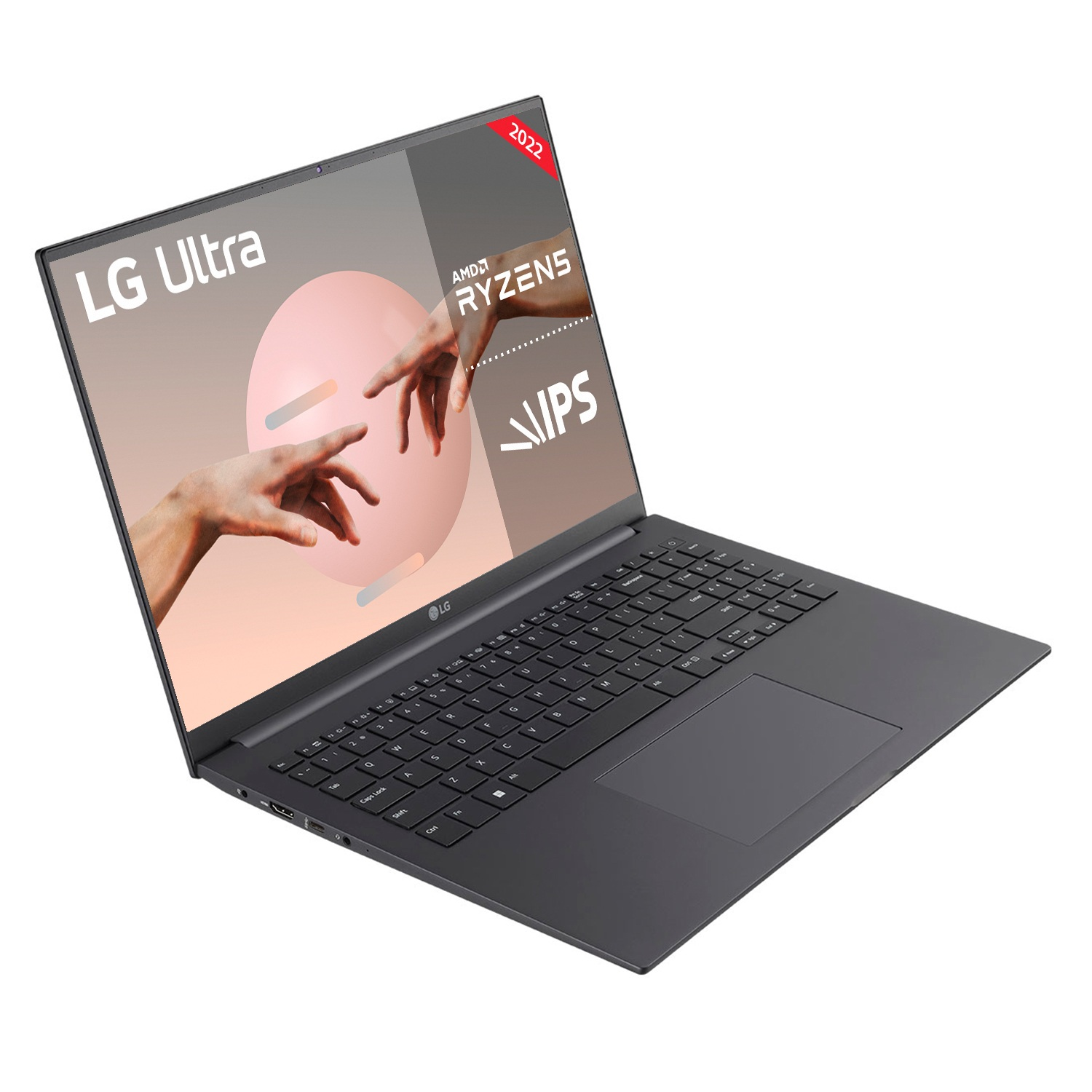 Laptop LG Ultra con AMD Ryzen, manos tocando la pantalla, color gris oscuro.