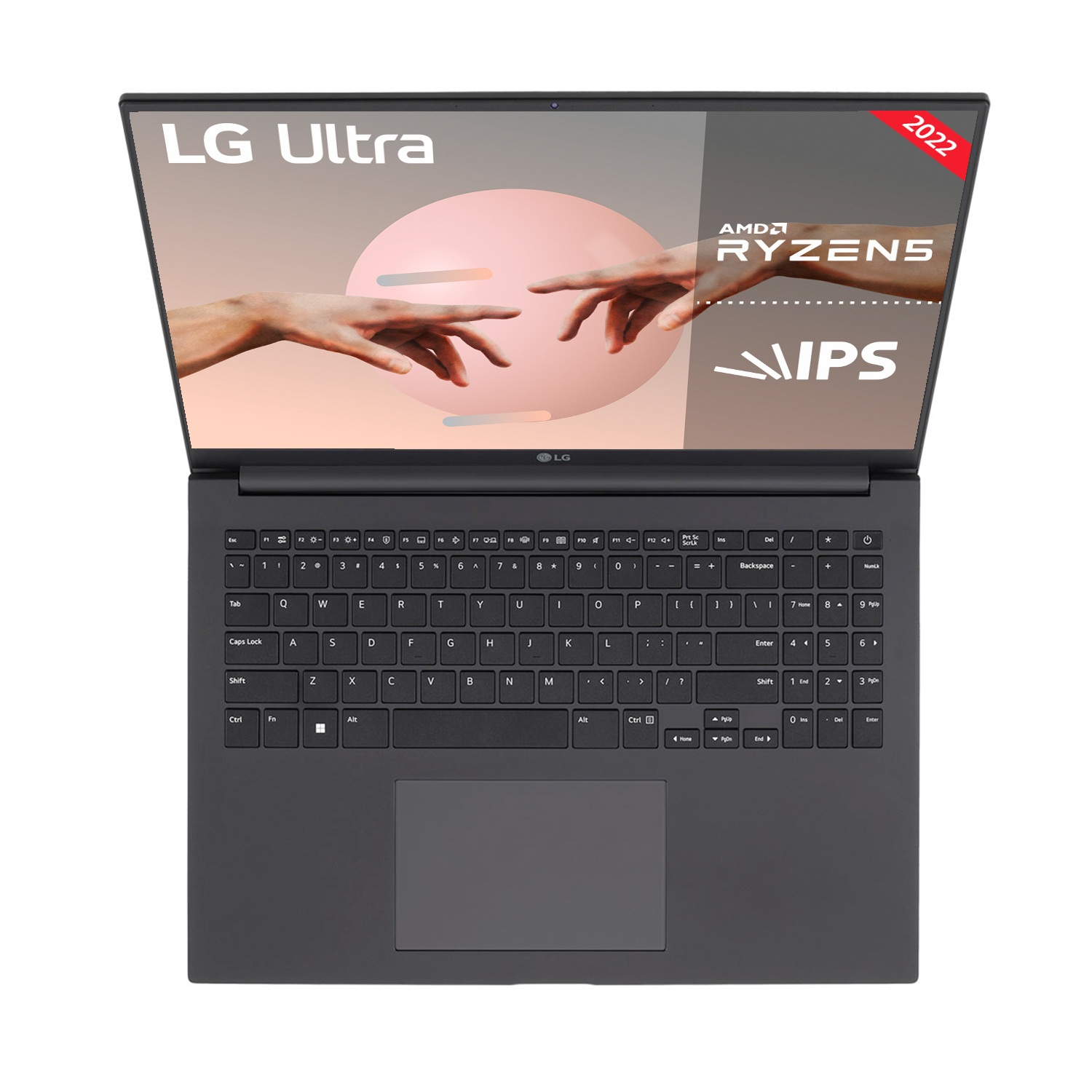 Laptop LG abierto. Teclado negro y pantalla mostrando manos tocándose, con info AMD Ryzen.
