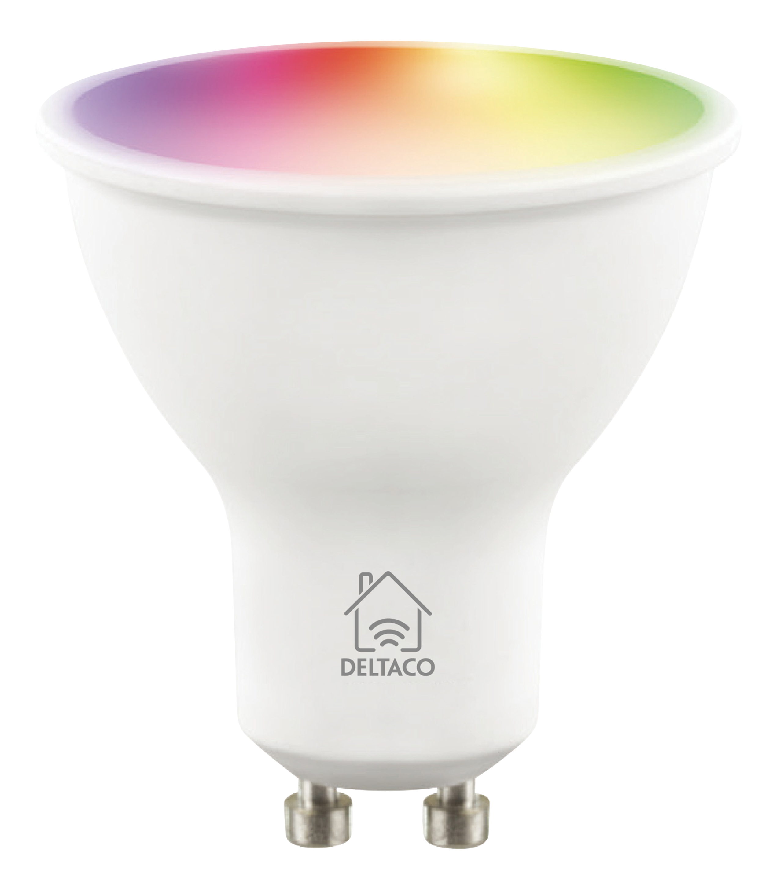 Eine weiße Smart-Glühbirne mit buntem Licht. Das Hauslogo ist sichtbar.