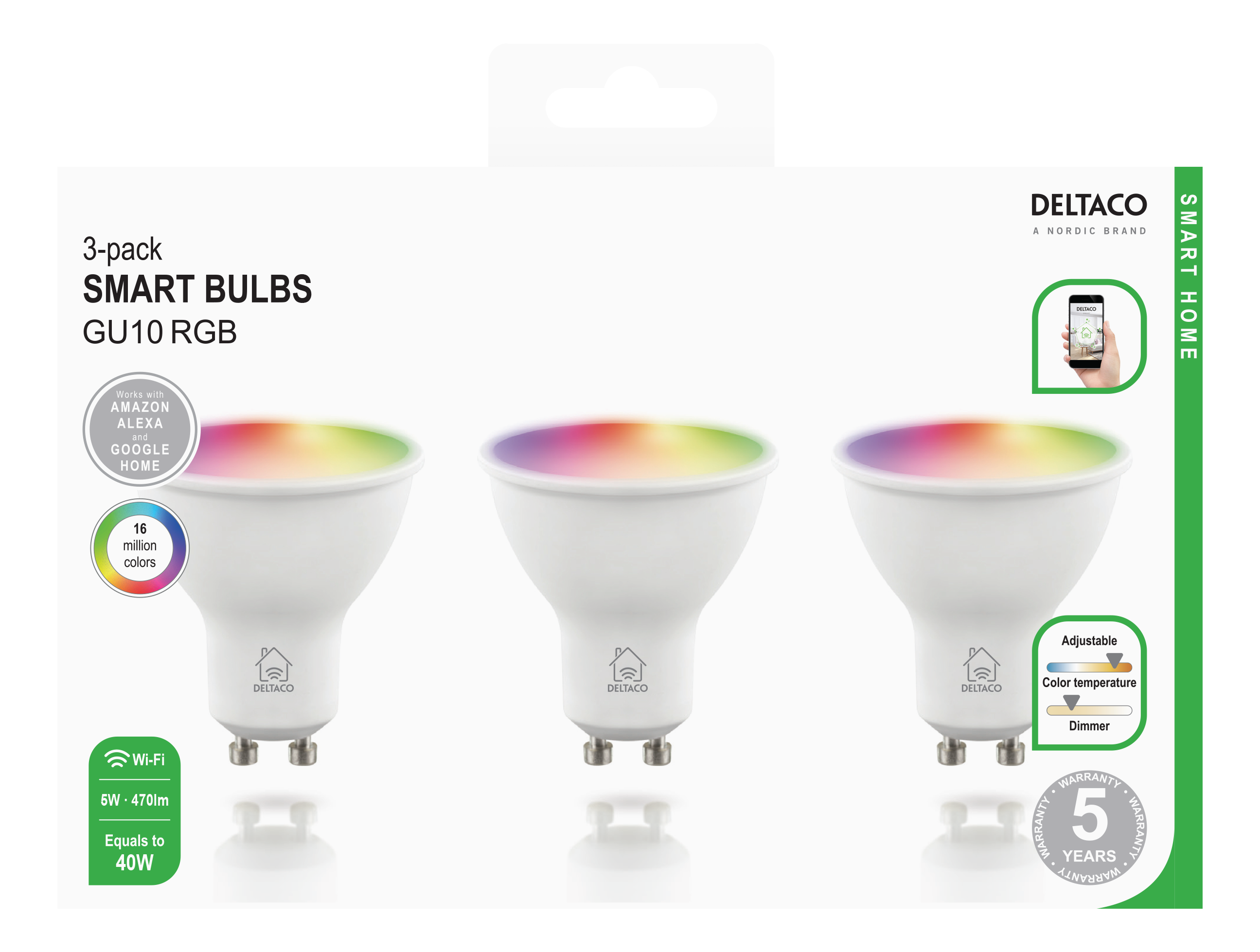 Packung mit drei intelligenten GU10 RGB-Glühbirnen, mit weißem Hintergrund und einem Telefonsymbol.