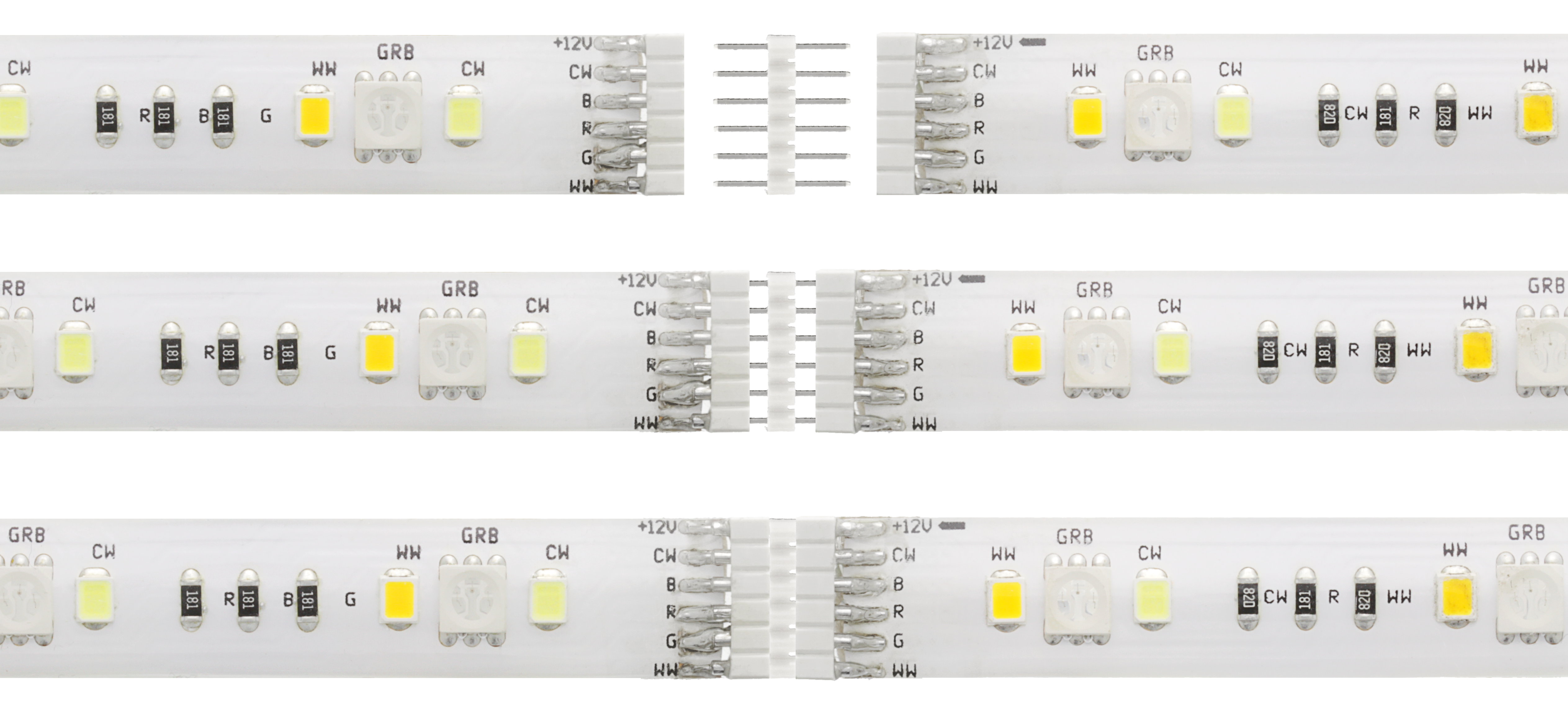 Nahaufnahme eines LED-Streifens mit Anschlüssen und verschiedenen LED-Komponenten.