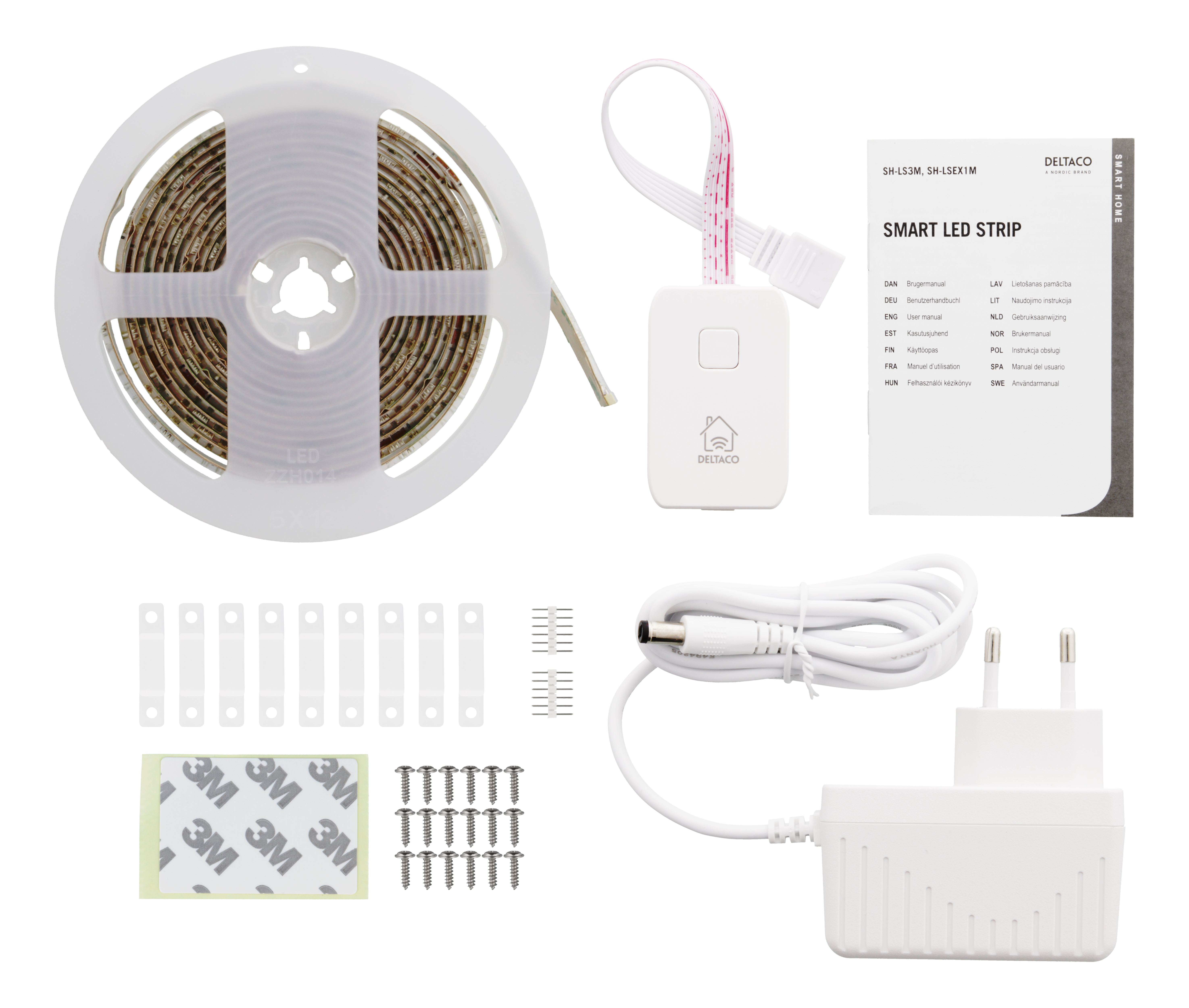LED-Streifen-Kit, eine weiße Steuerbox, Netzteil und Montagezubehör.