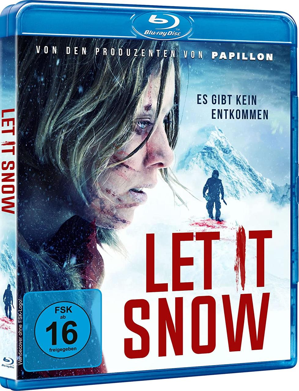 Filmcover mit dem Gesicht einer Frau und dem Titel 'Let It Snow', mit Text in mehreren Sprachen.