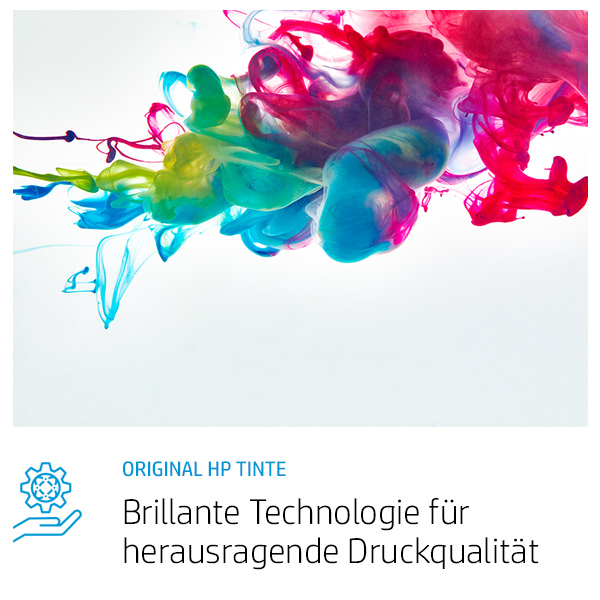 Tinte in Wasser, Text bewirbt HPs brillante Drucktechnologie.