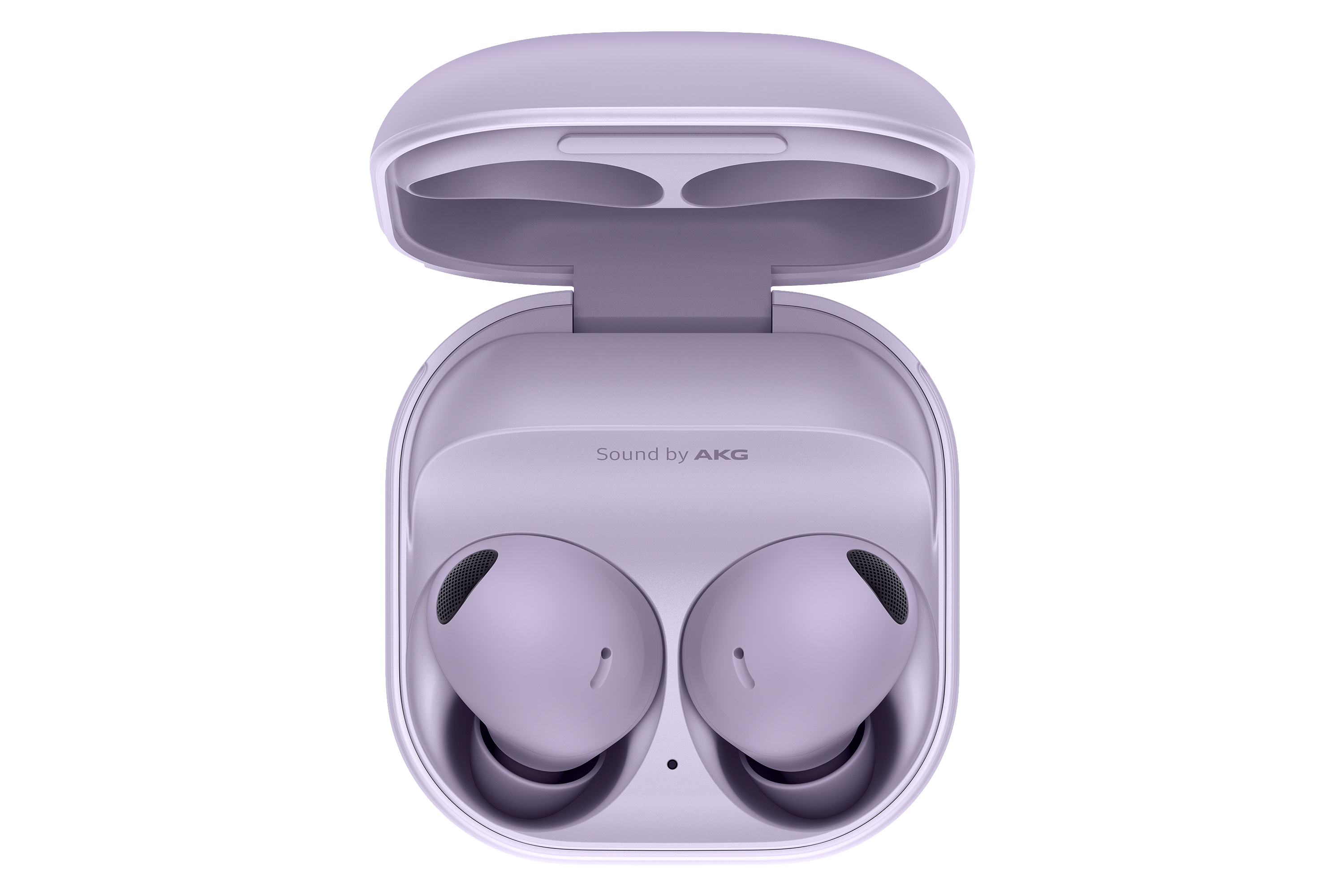 Lila Ohrhörer in einem Ladecase. Das Case ist geöffnet, mit dem Text 'Sound by AKG'.