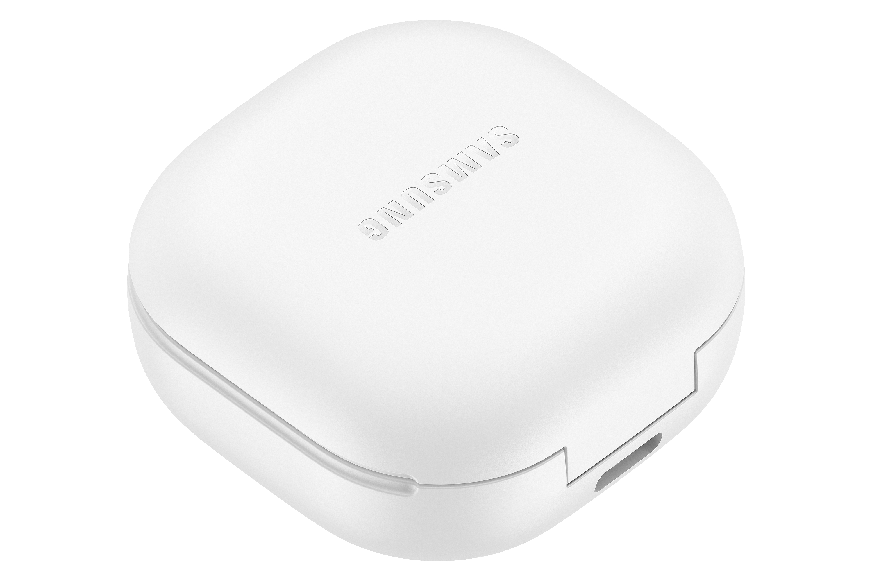 Weißes Samsung-Ohrhörer-Etui mit Ladeanschluss an der Seite.