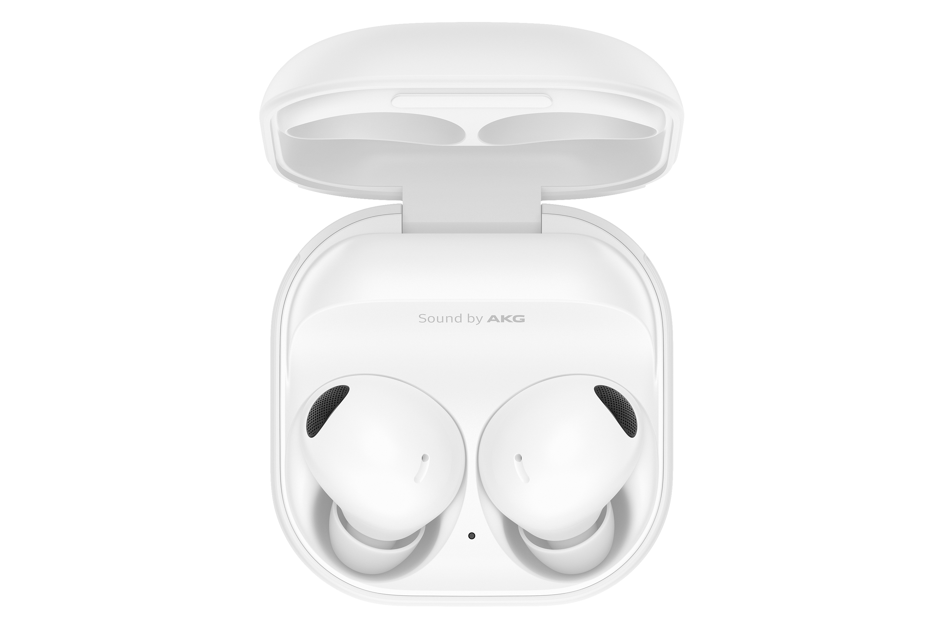 Weiße Ohrhörer im weißen Ladecase, Sound von AKG.